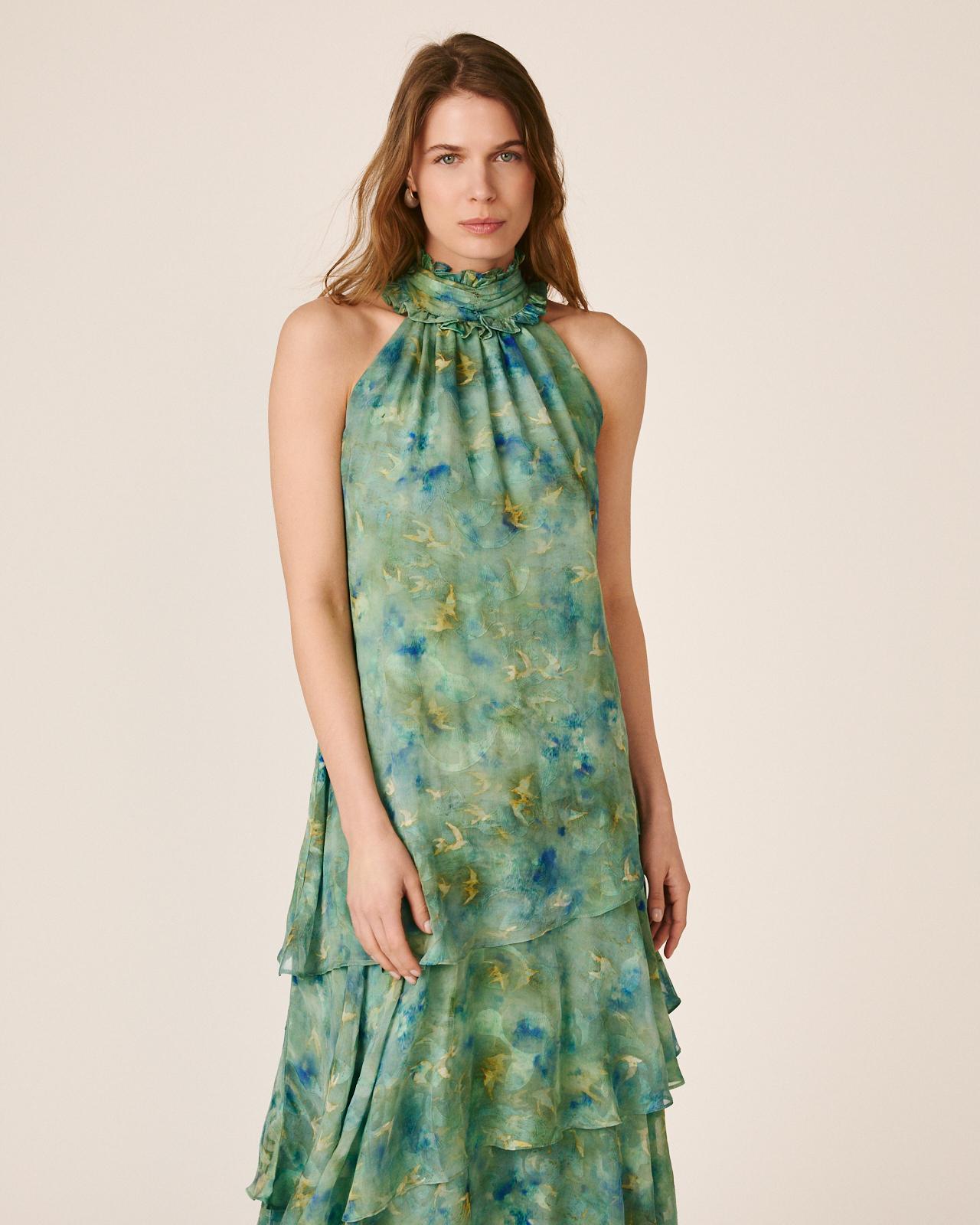 Vestido Midi Fluido com Folhos e Gola Halter Plissada com Folhos Turquesa-4