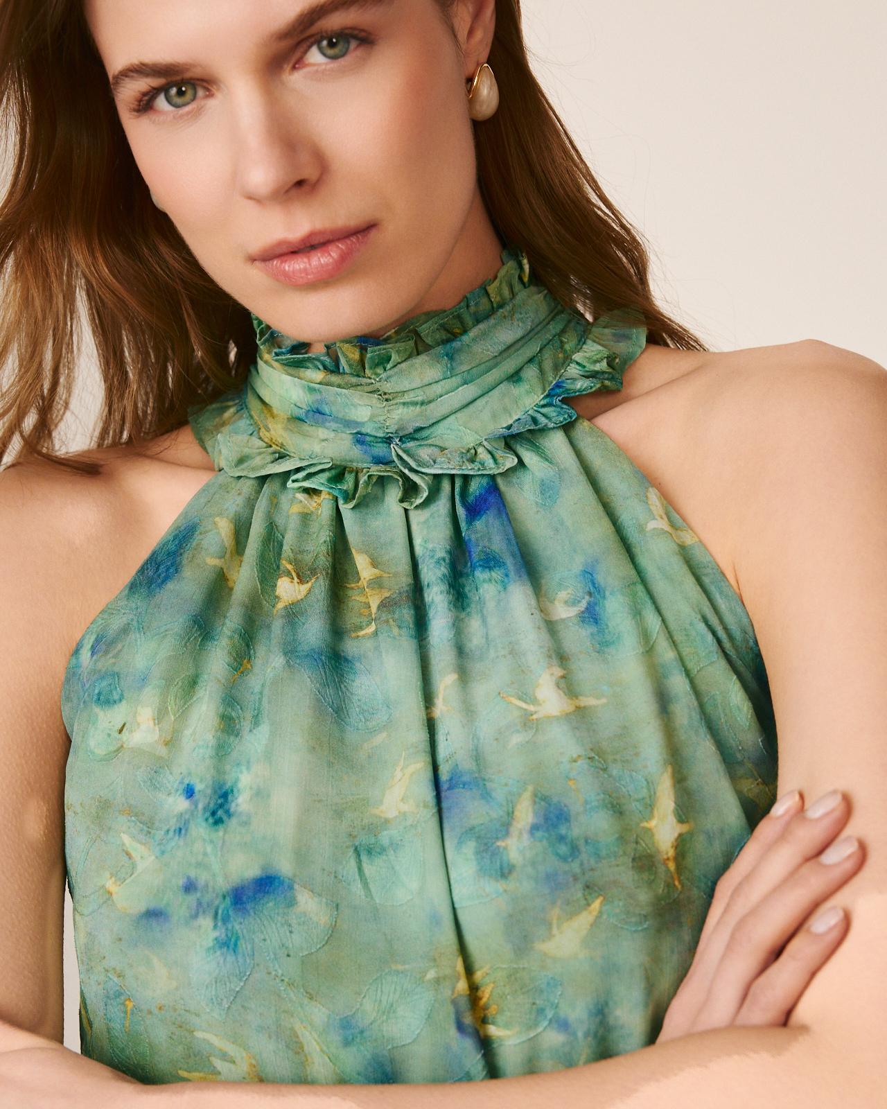 Vestido Midi Fluido com Folhos e Gola Halter Plissada com Folhos Turquesa-5