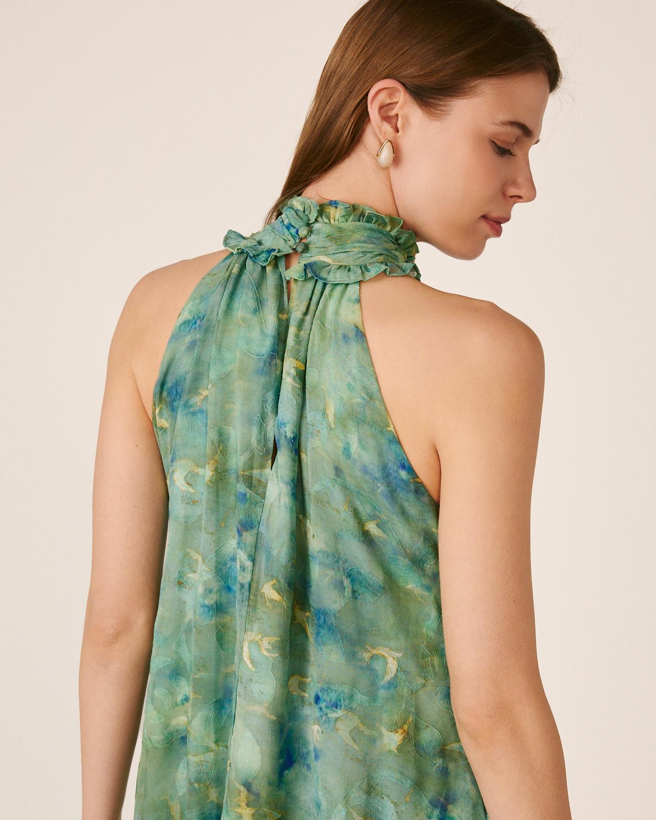 Vestido Midi Fluido com Folhos e Gola Halter Plissada com Folhos Turquesa-6
