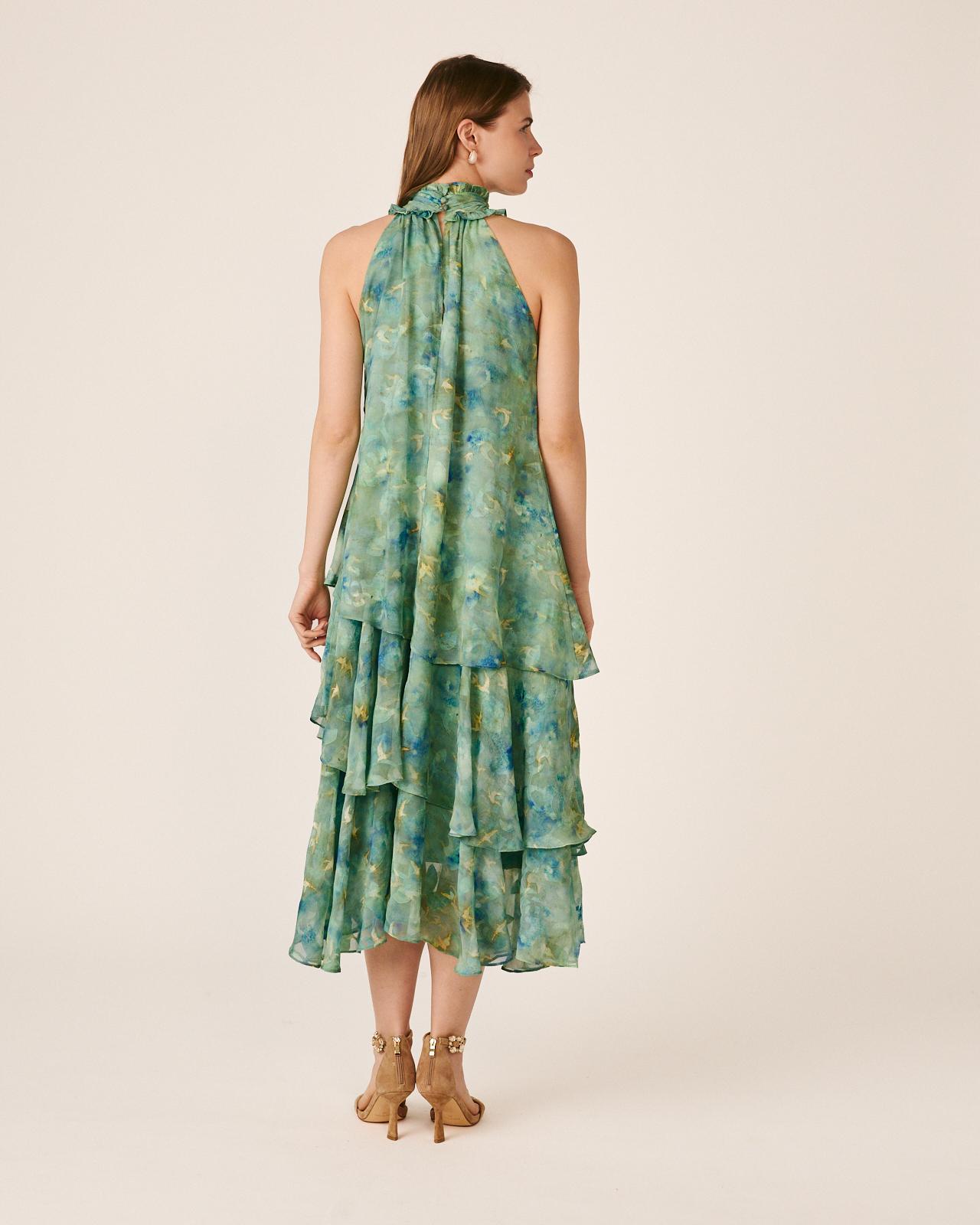 Vestido Midi Fluido com Folhos e Gola Halter Plissada com Folhos Turquesa-7