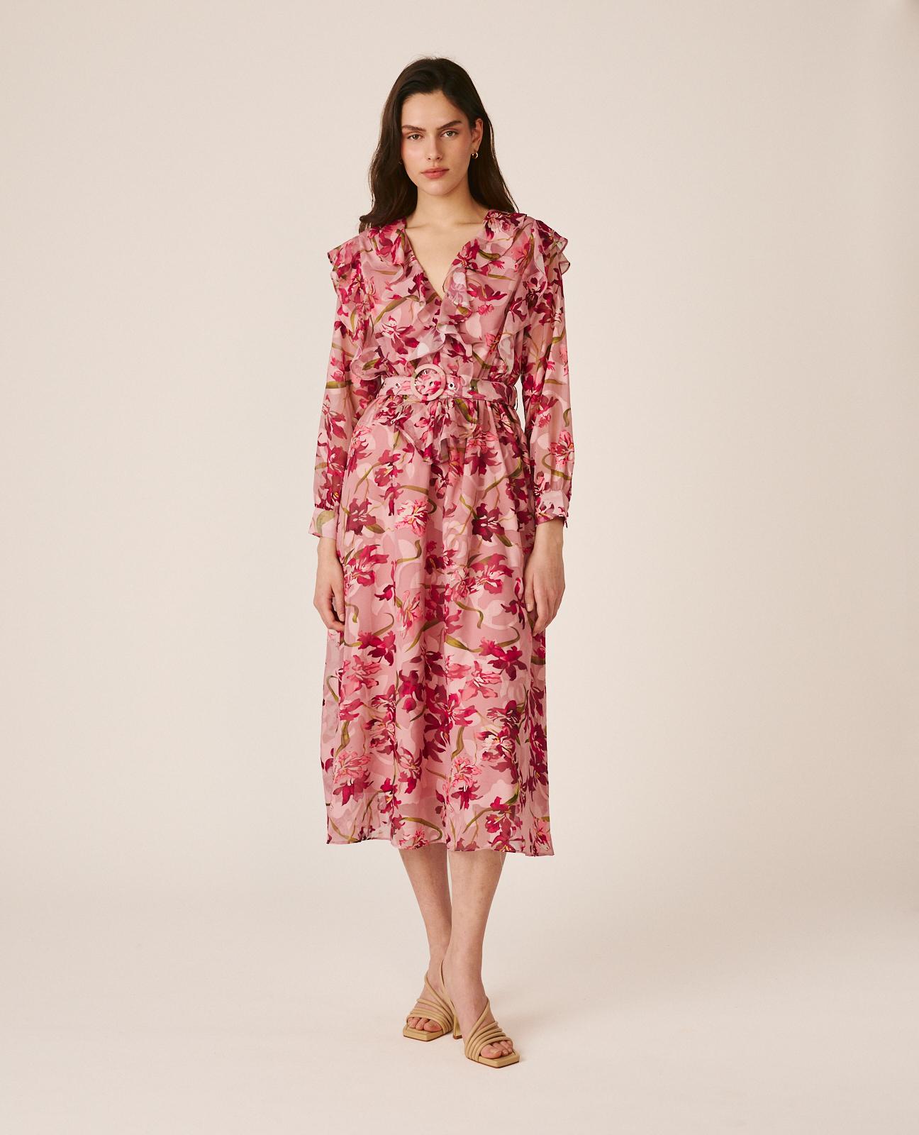 Imagem 0 de Vestido Midi Fluido Floral com Manga Abalonada e Botões nos Punhos