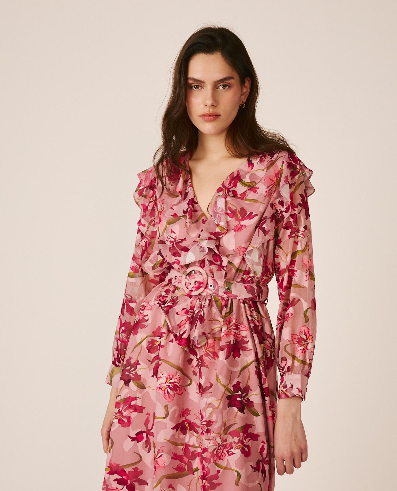 Vestido Midi Fluido Floral com Manga Abalonada e Botões nos Punhos Rosa-2