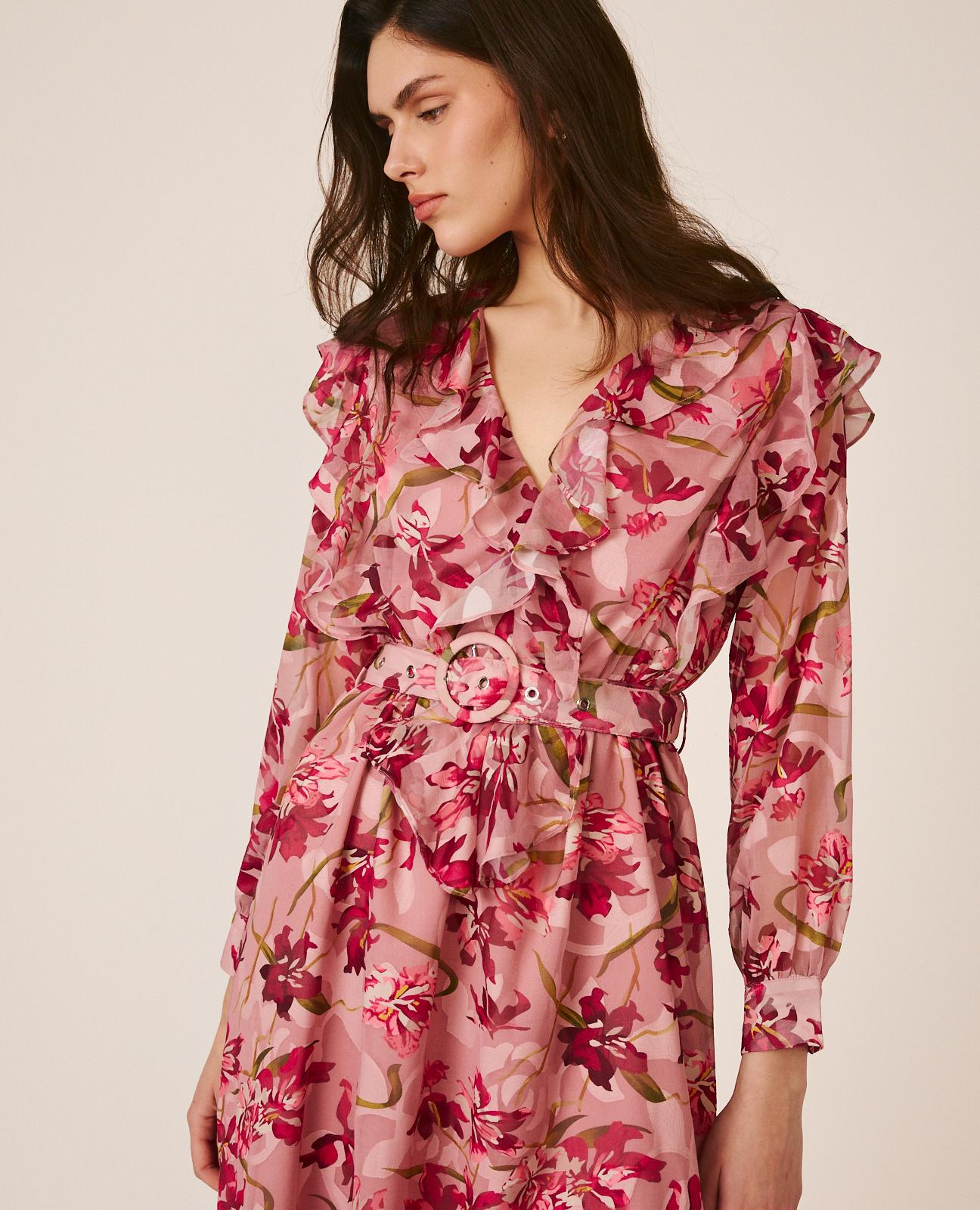 Vestido Midi Fluido Floral com Manga Abalonada e Botões nos Punhos Rosa-3