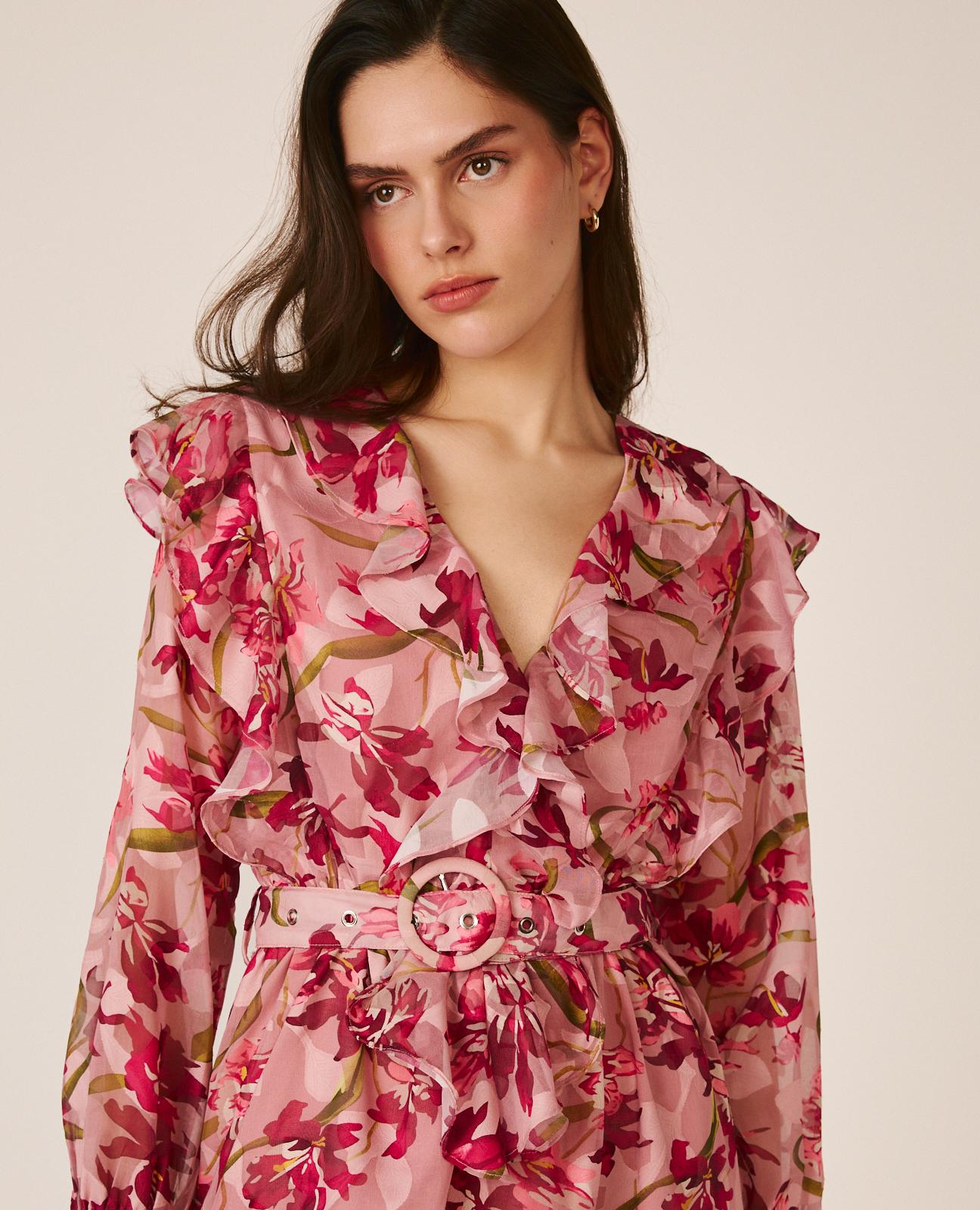 Vestido Midi Fluido Floral com Manga Abalonada e Botões nos Punhos Rosa-4