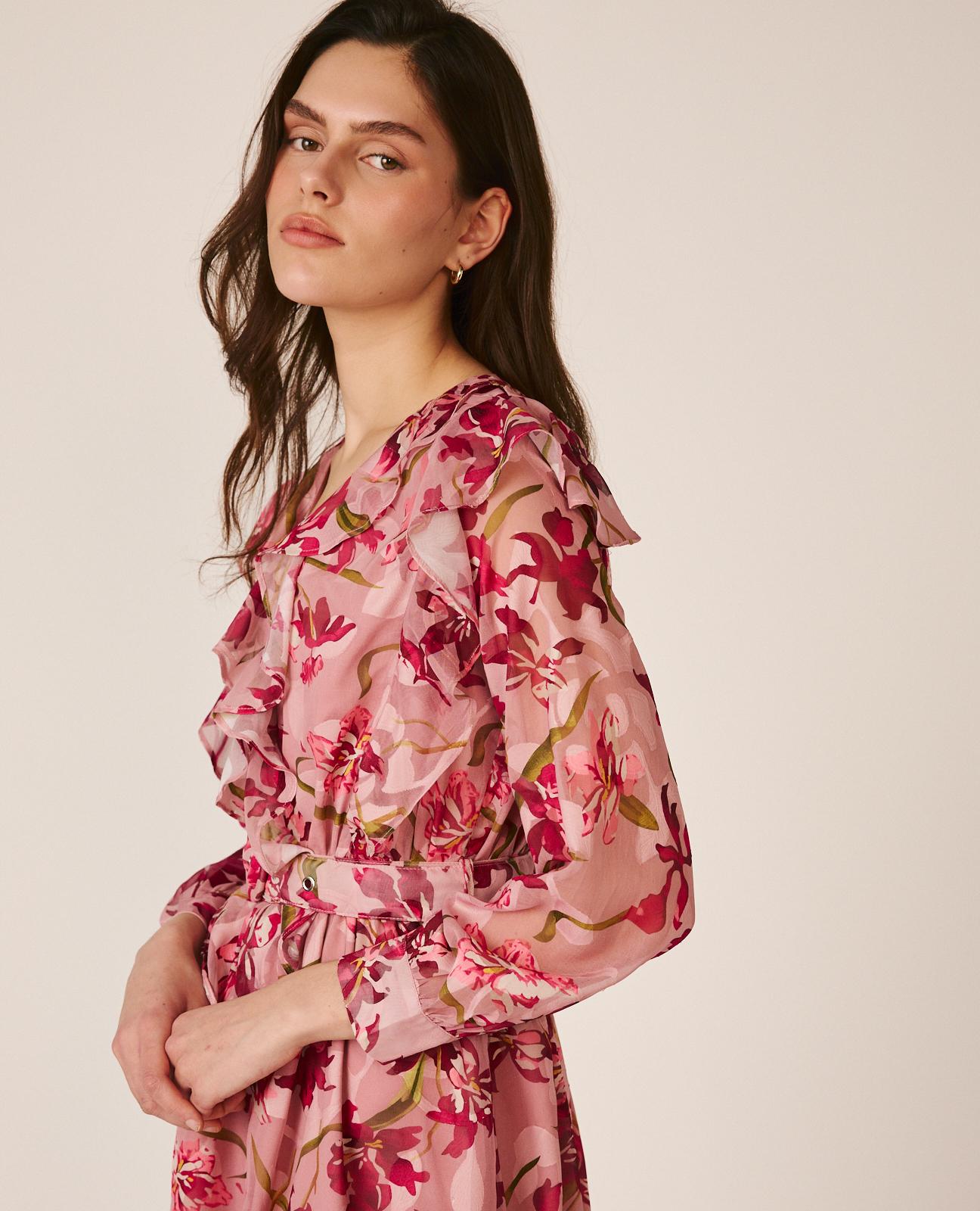 Vestido Midi Fluido Floral com Manga Abalonada e Botões nos Punhos Rosa-5