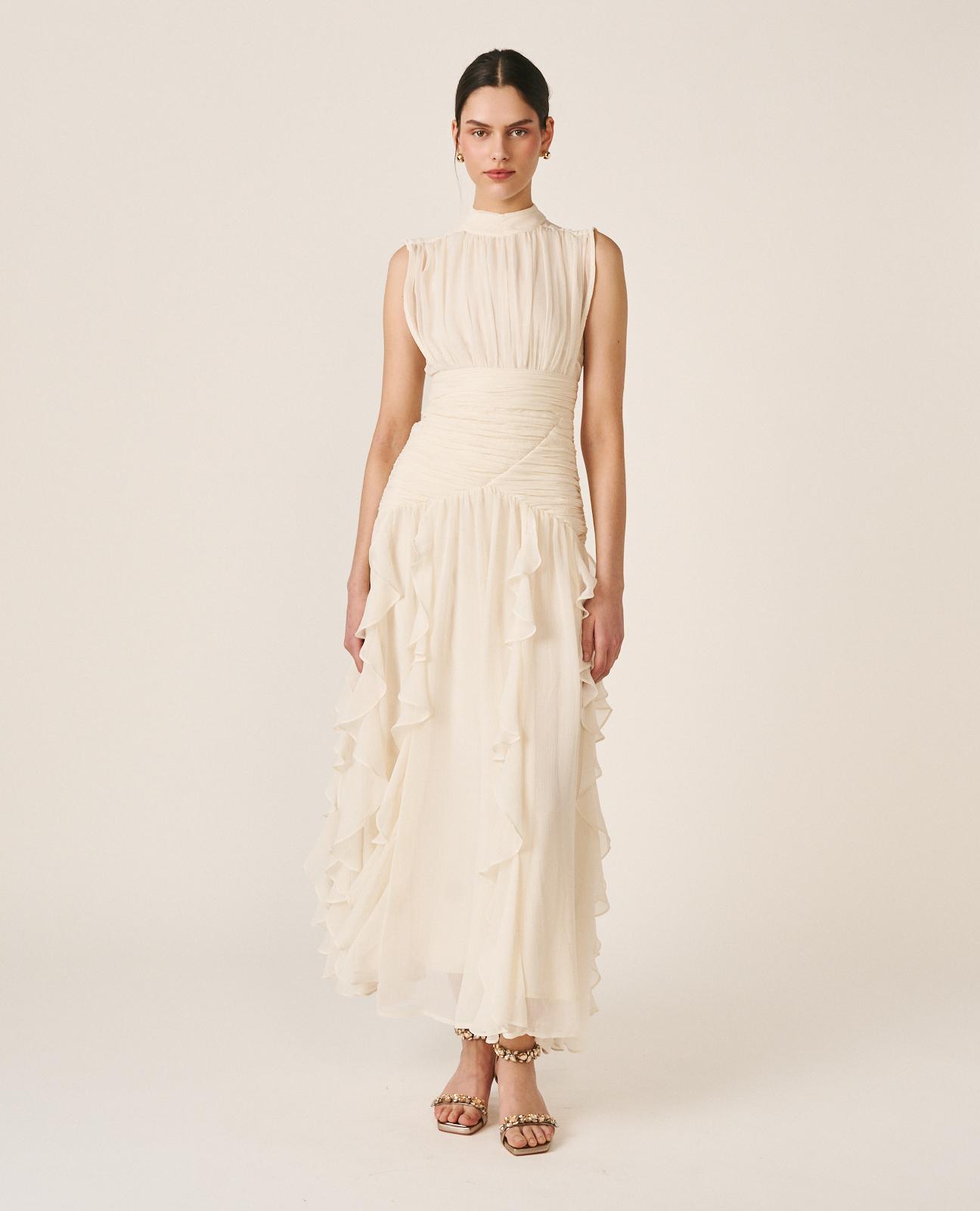 Imagem 0 de Vestido Comprido Fluido com Folhos Verticais e Plissados sem Mangas e Gola Alta