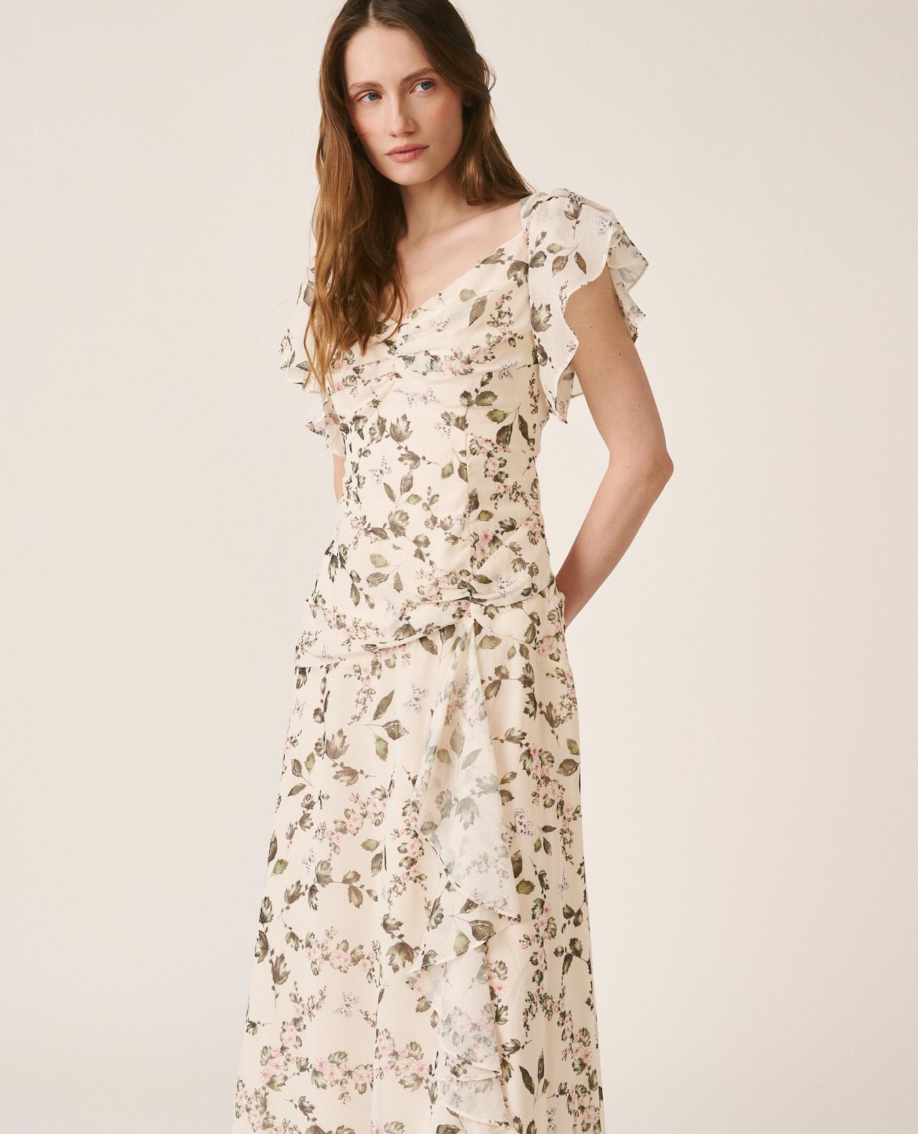 Vestido Midi Fluido de Flores com Franzido no Peito e Decote em V Verde-2