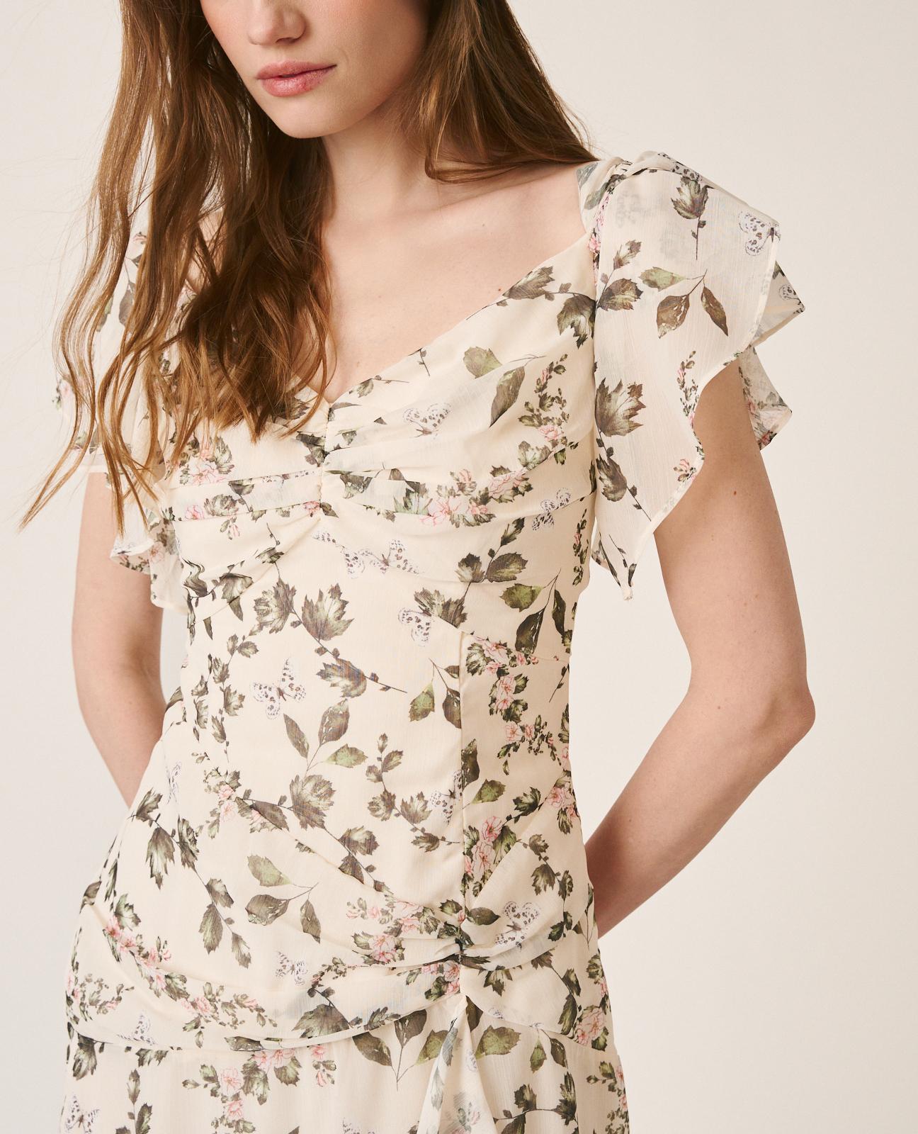 Vestido Midi Fluido de Flores com Franzido no Peito e Decote em V Verde-4
