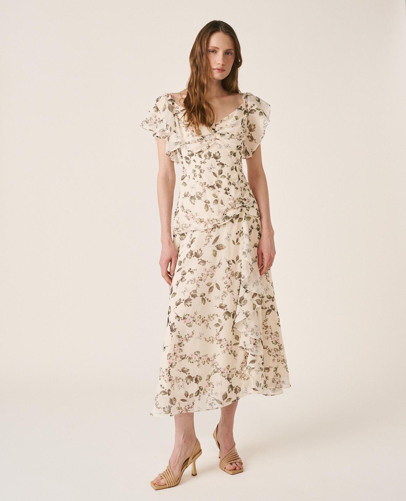 Vestido Midi Fluido de Flores com Franzido no Peito e Decote em V Verde-6