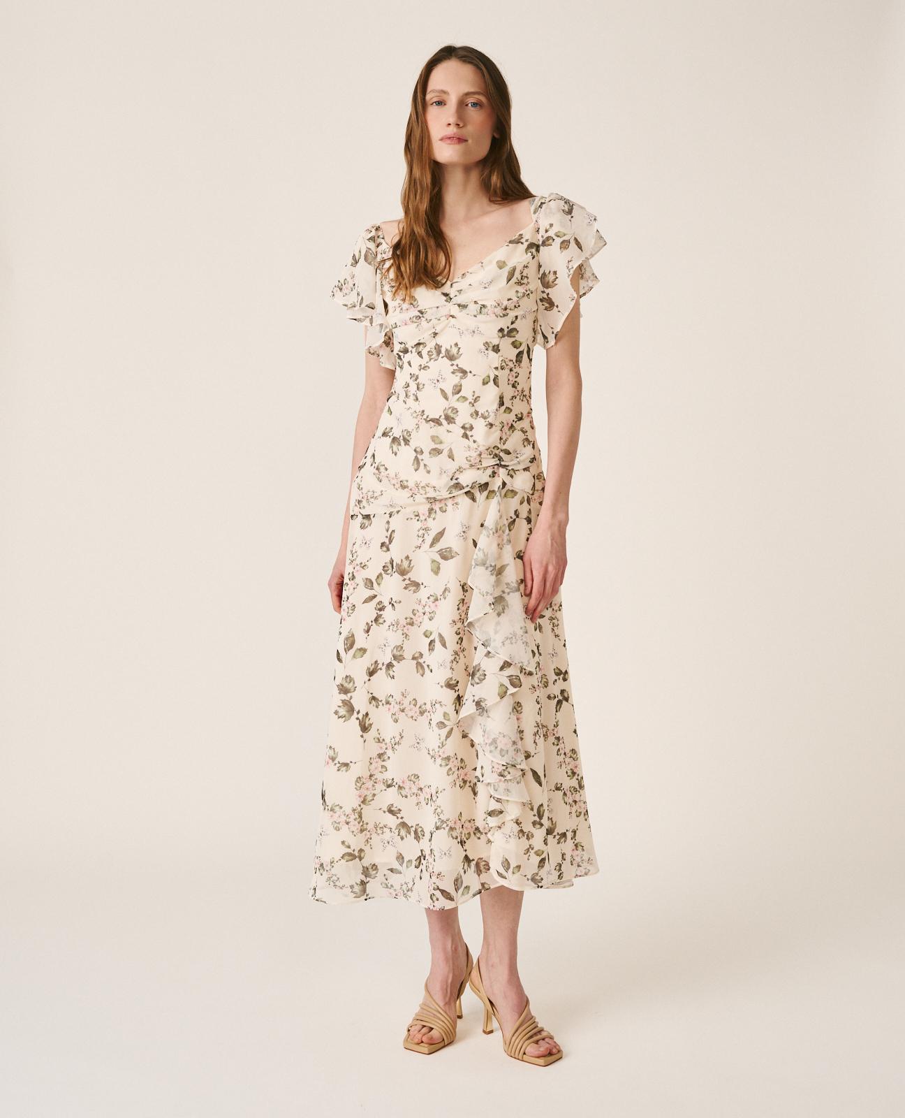 Vestido Midi Fluido de Flores com Franzido no Peito e Decote em V Verde-1