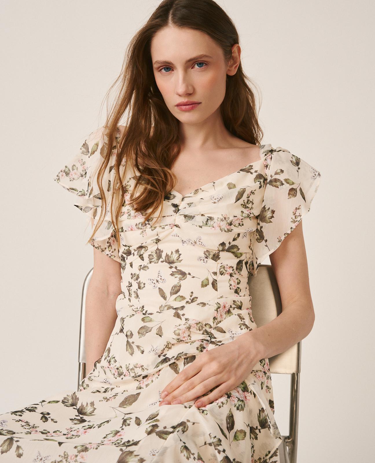 Vestido Midi Fluido de Flores com Franzido no Peito e Decote em V Verde-3