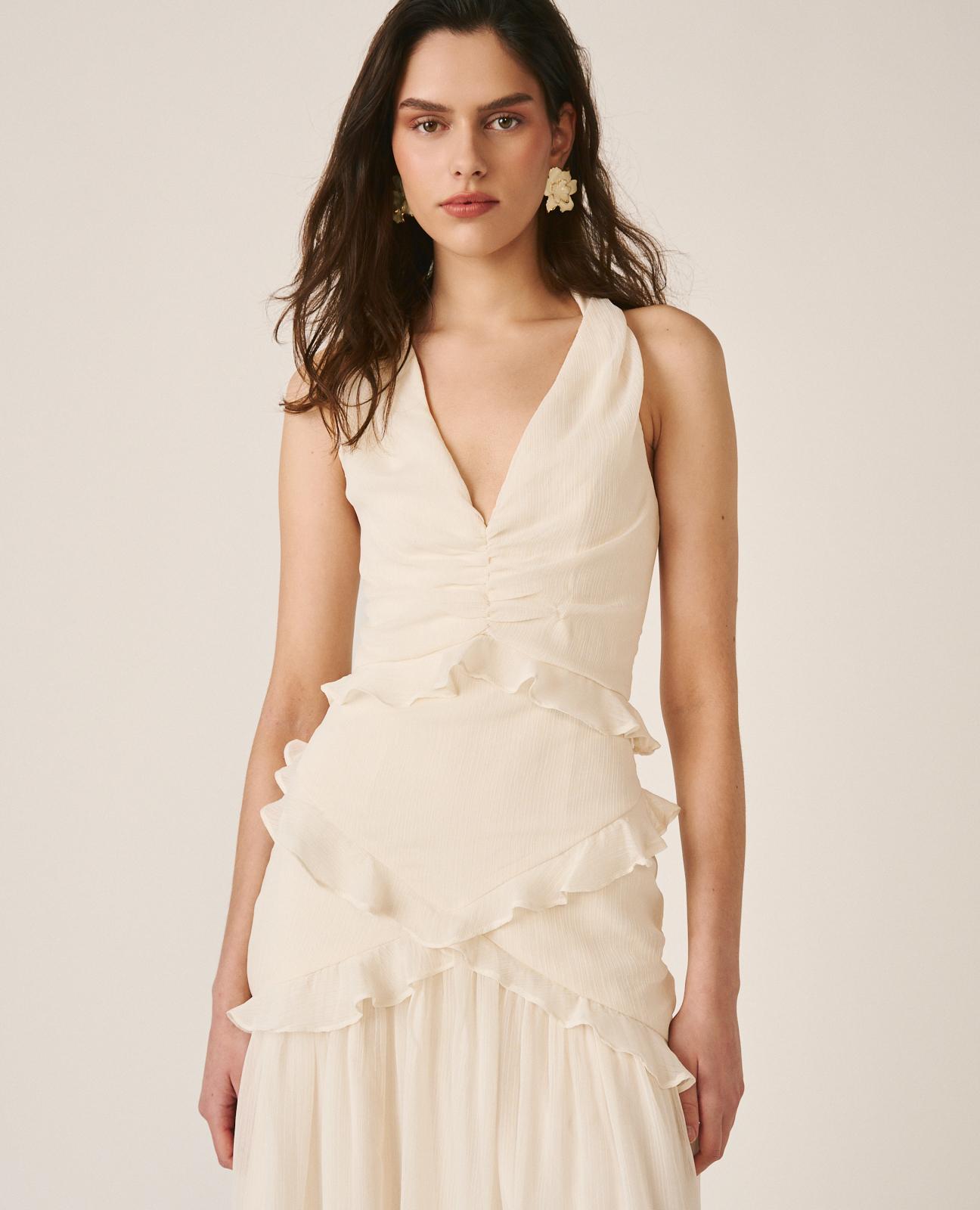 Vestido Midi Fluido sem Mangas com Corte na Cintura e Anca com Folhos Branco-2