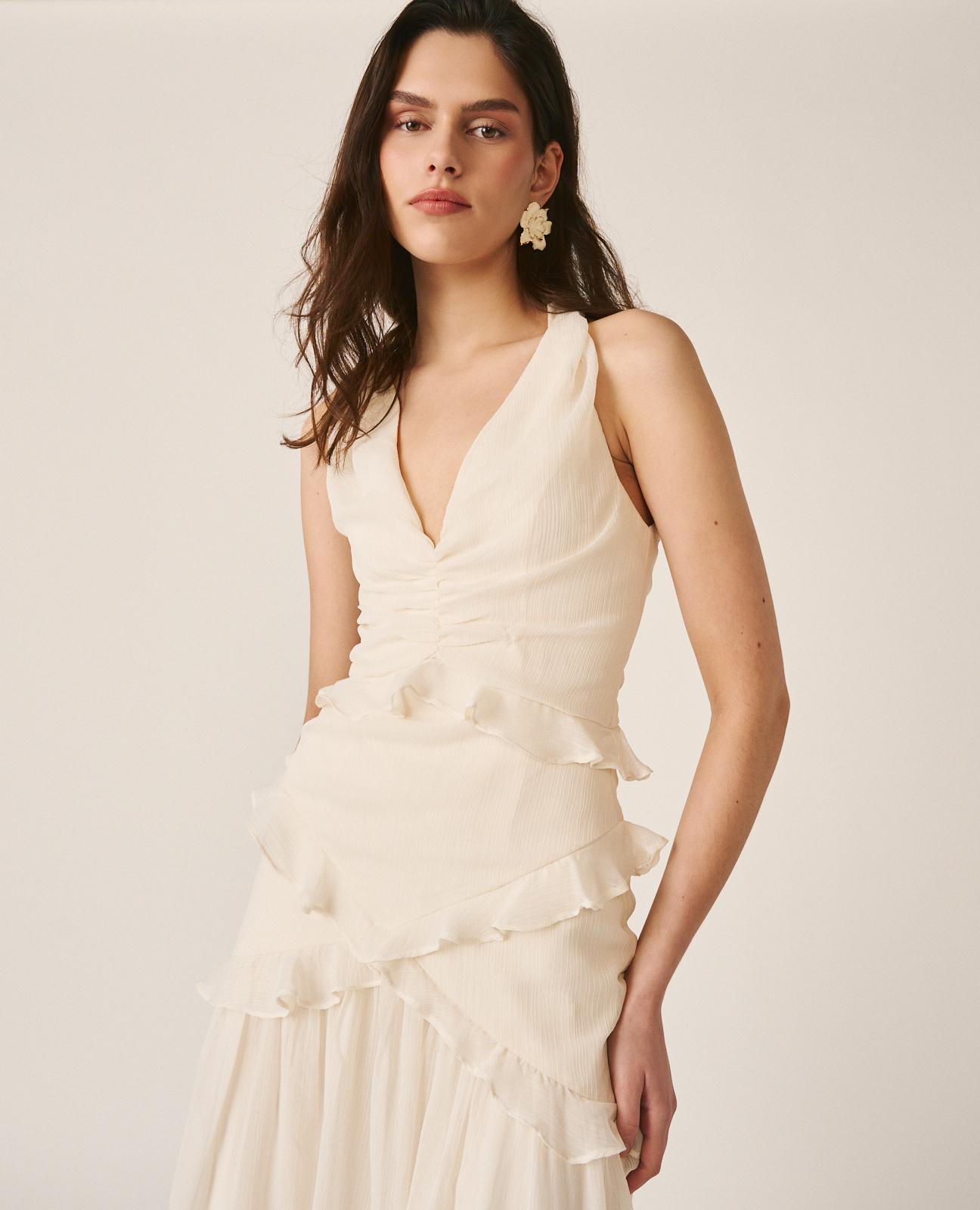 Vestido Midi Fluido sem Mangas com Corte na Cintura e Anca com Folhos Branco-4