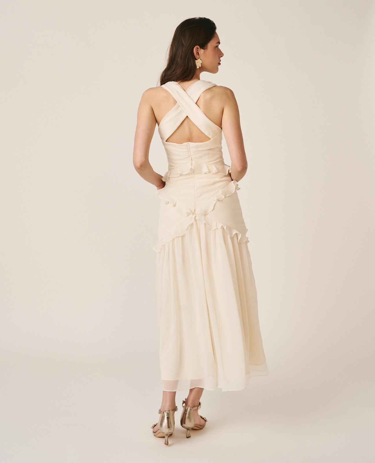 Vestido Midi Fluido sem Mangas com Corte na Cintura e Anca com Folhos Branco-7
