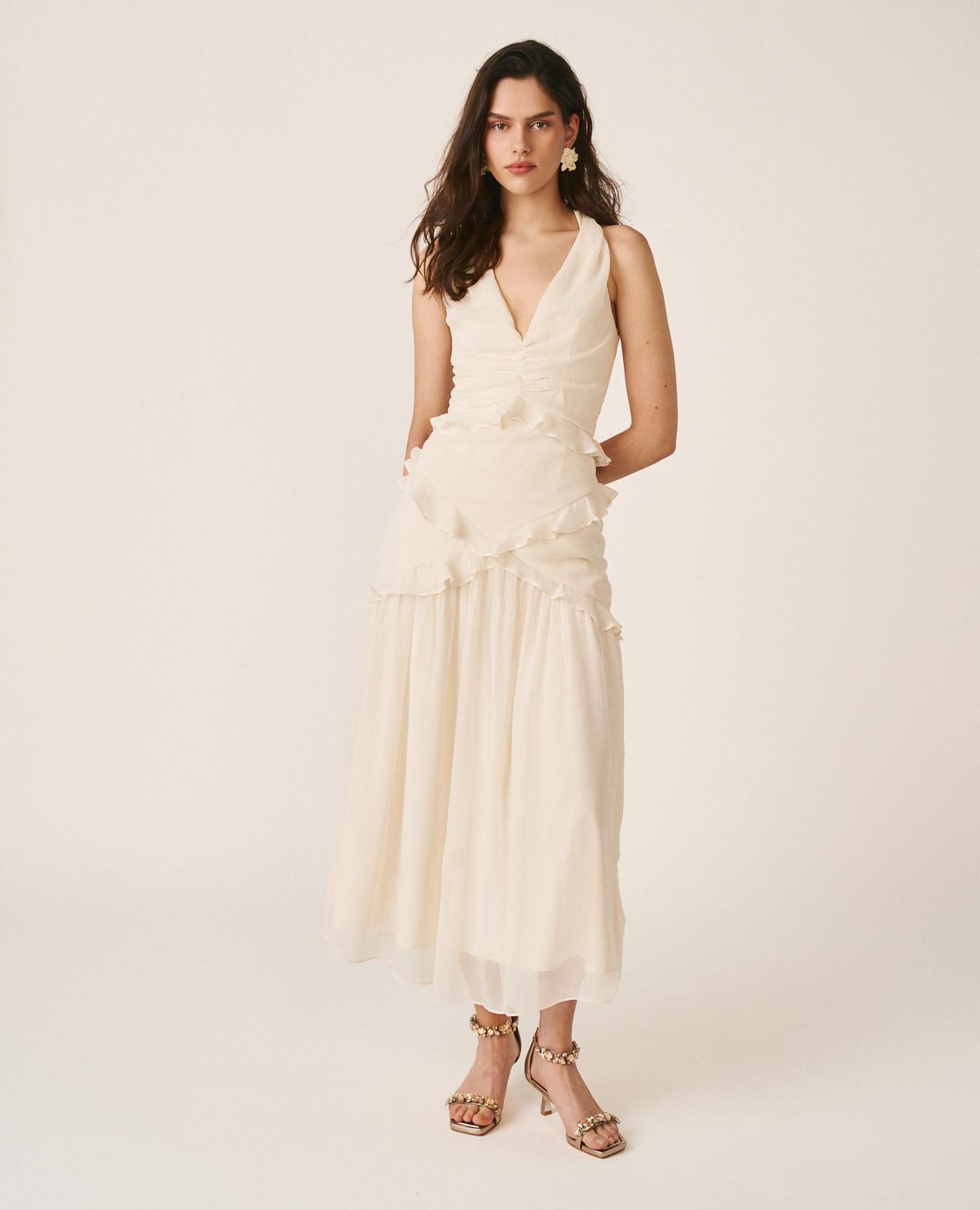 Imagem 0 de Vestido Midi Fluido sem Mangas com Corte na Cintura e Anca com Folhos