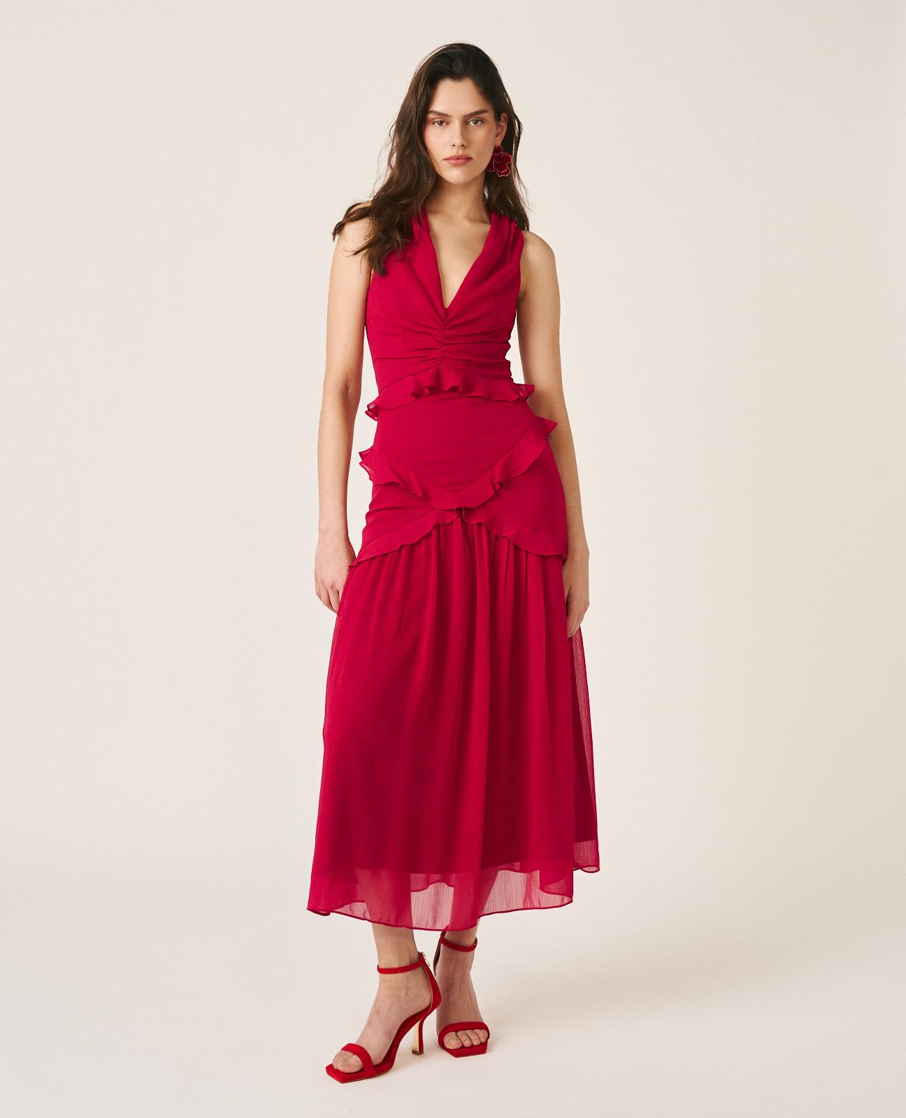 Imagem 0 de Vestido Midi Fluido sem Mangas com Corte na Cintura e Anca com Folhos
