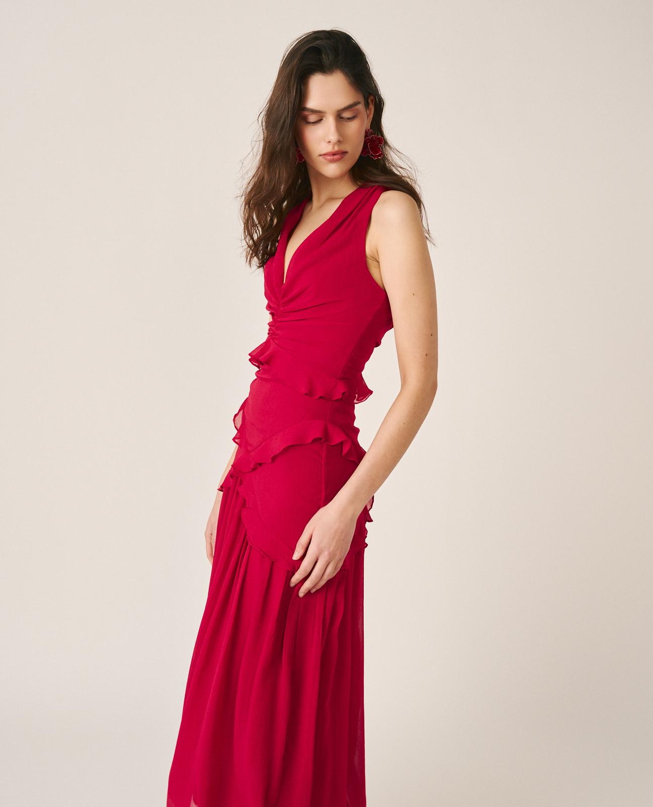 Vestido Midi Fluido sem Mangas com Corte na Cintura e Anca com Folhos Vermelho-2