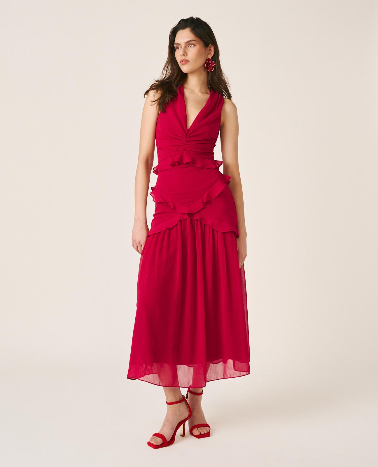 Vestido Midi Fluido sem Mangas com Corte na Cintura e Anca com Folhos Vermelho-3