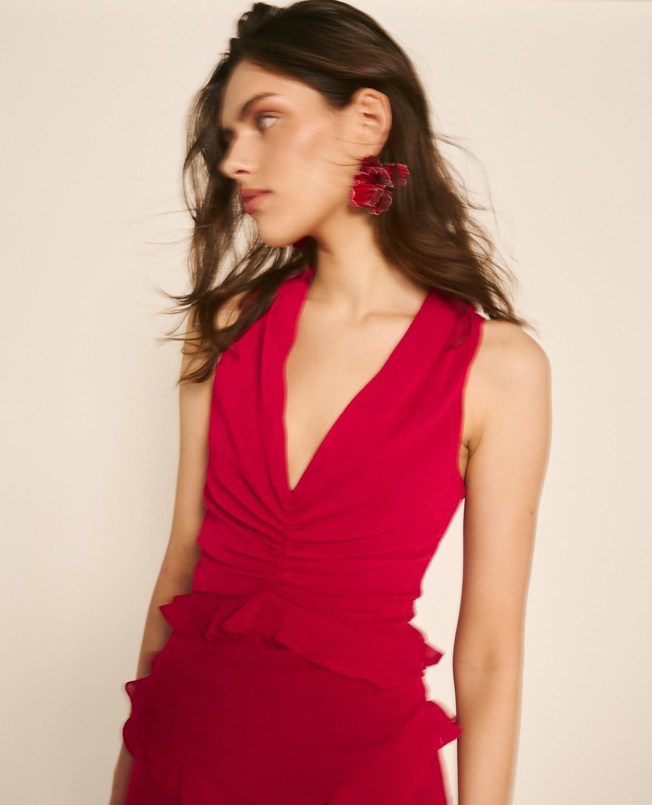 Vestido Midi Fluido sem Mangas com Corte na Cintura e Anca com Folhos Vermelho-4