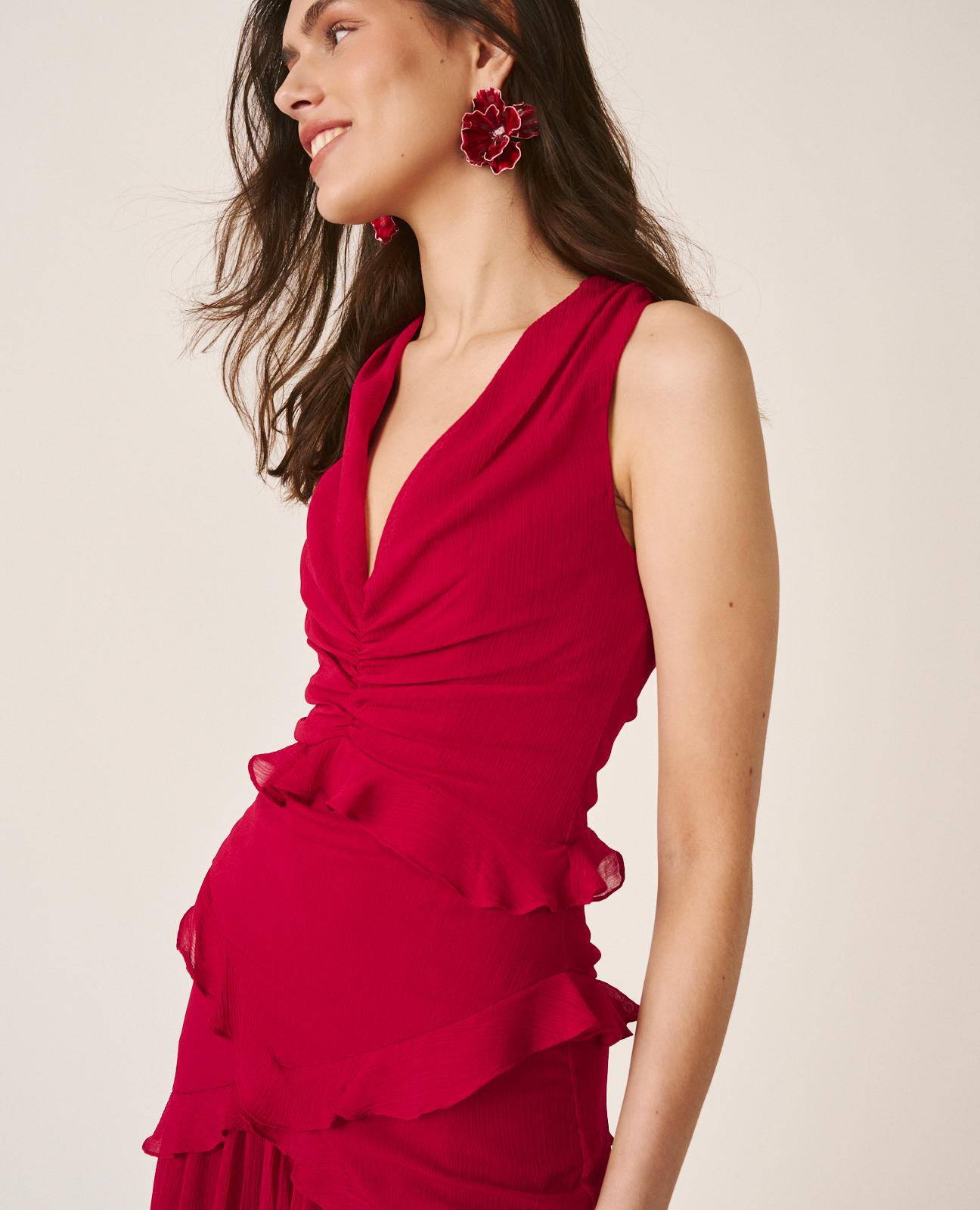 Vestido Midi Fluido sem Mangas com Corte na Cintura e Anca com Folhos Vermelho-7