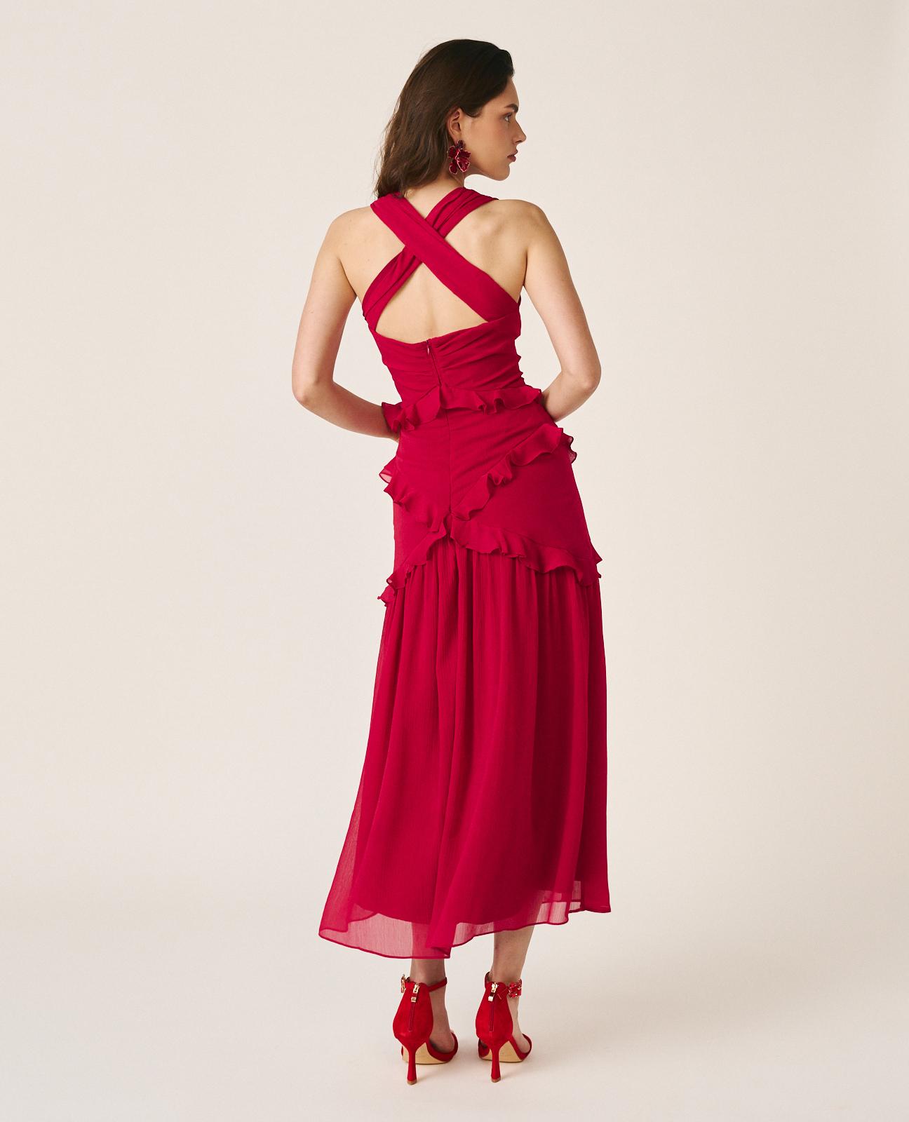 Vestido Midi Fluido sem Mangas com Corte na Cintura e Anca com Folhos Vermelho-9