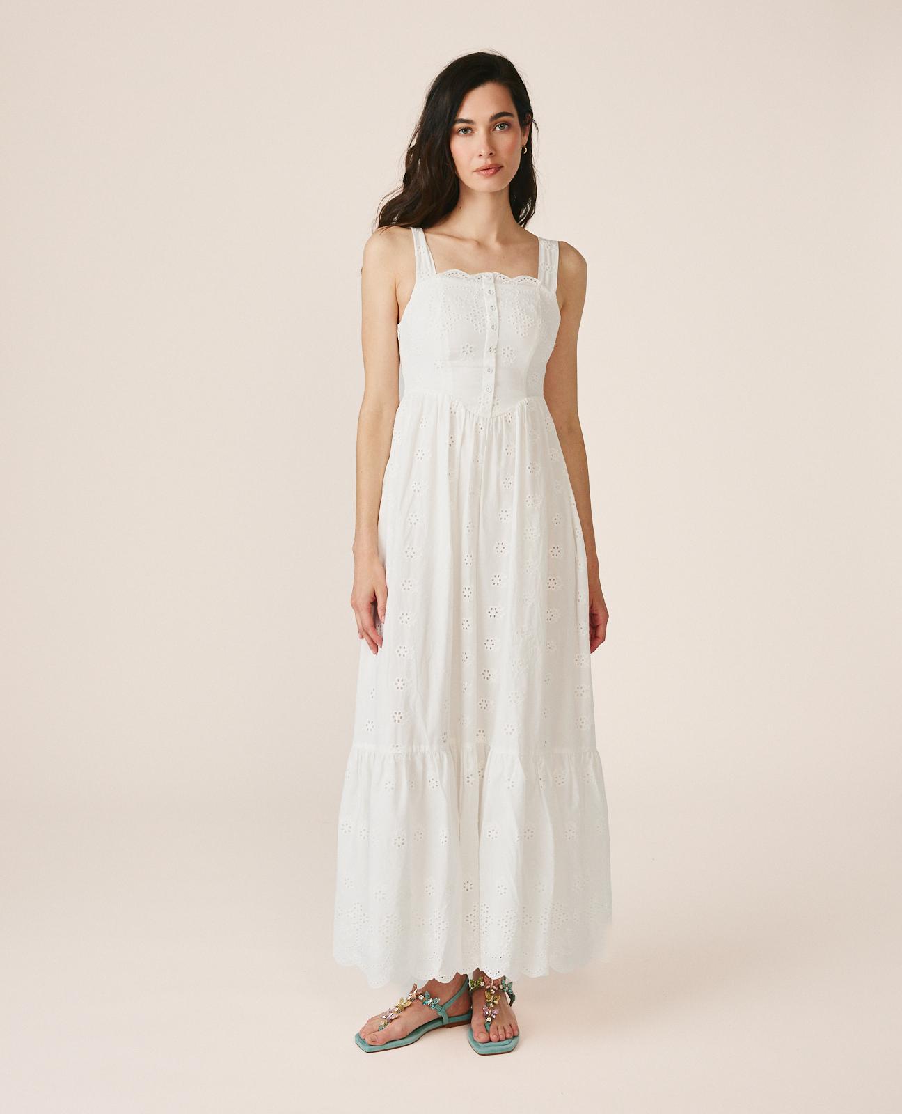 Vestido Midi Bordado Inglês sem Mangas e Decote Reto com Alças Branco-2
