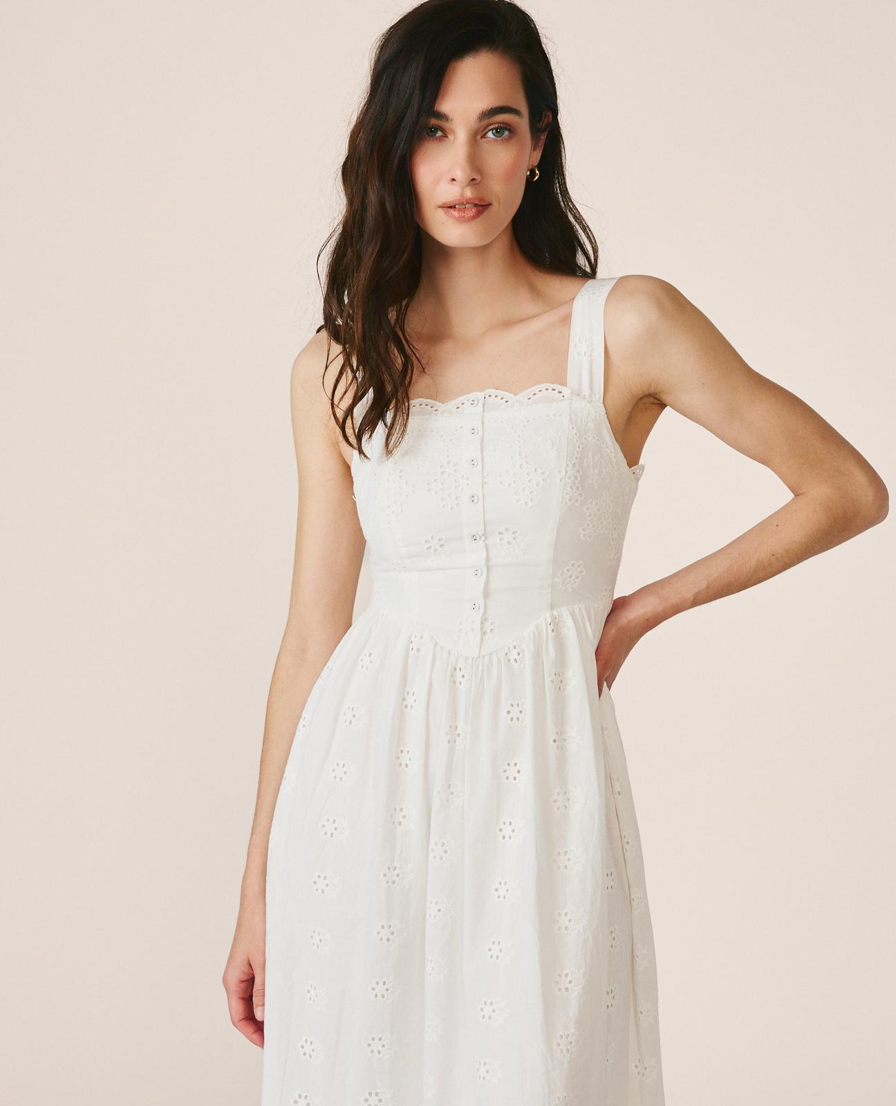 Vestido Midi Bordado Inglês sem Mangas e Decote Reto com Alças Branco-3