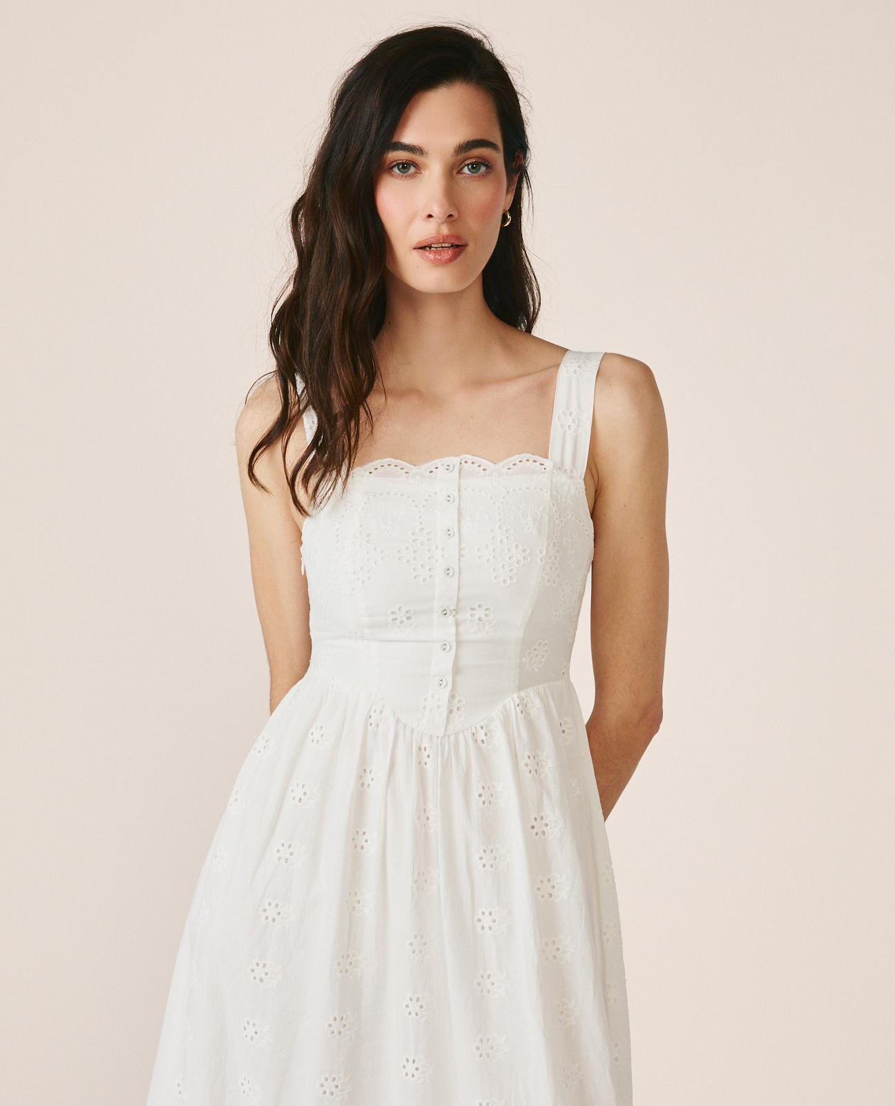 Vestido Midi Bordado Inglês sem Mangas e Decote Reto com Alças Branco-6