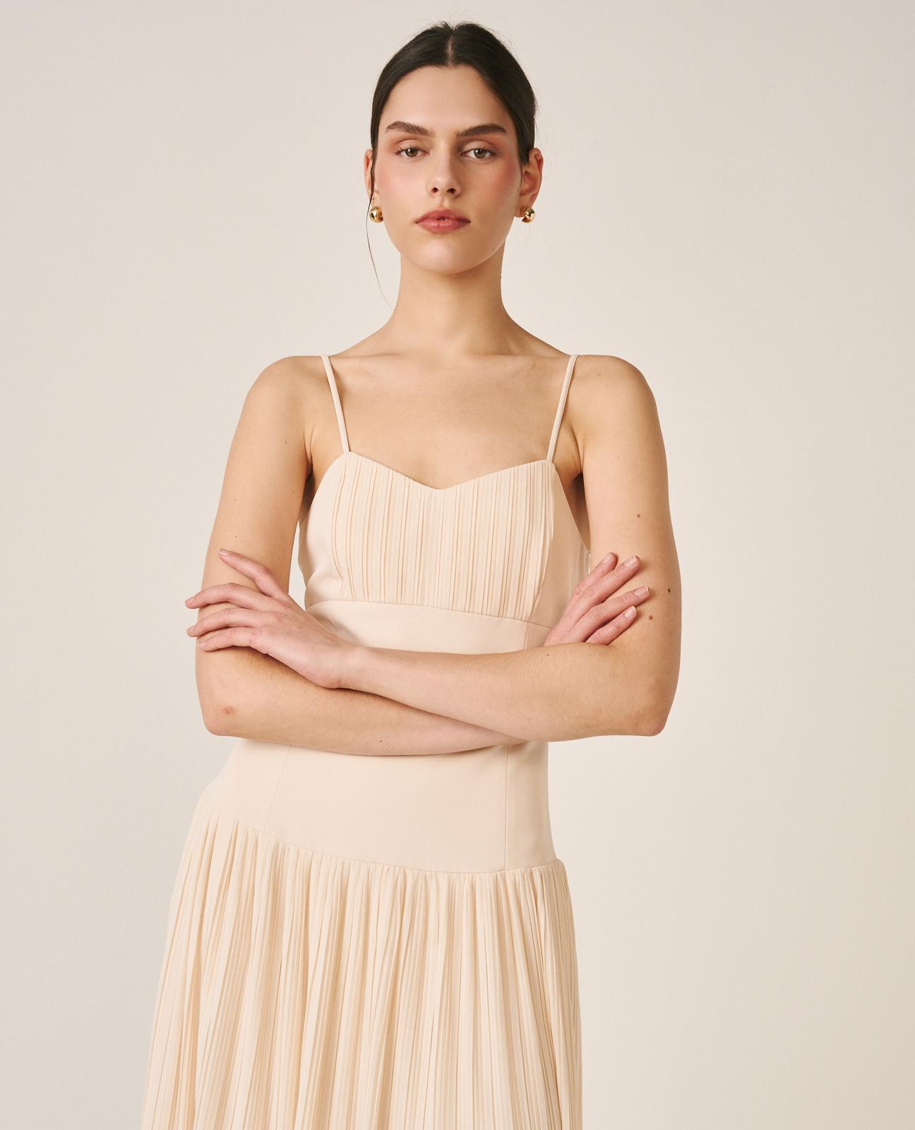 Vestido Midi com Decote em V de Alças e Saia Plissada Branco-2