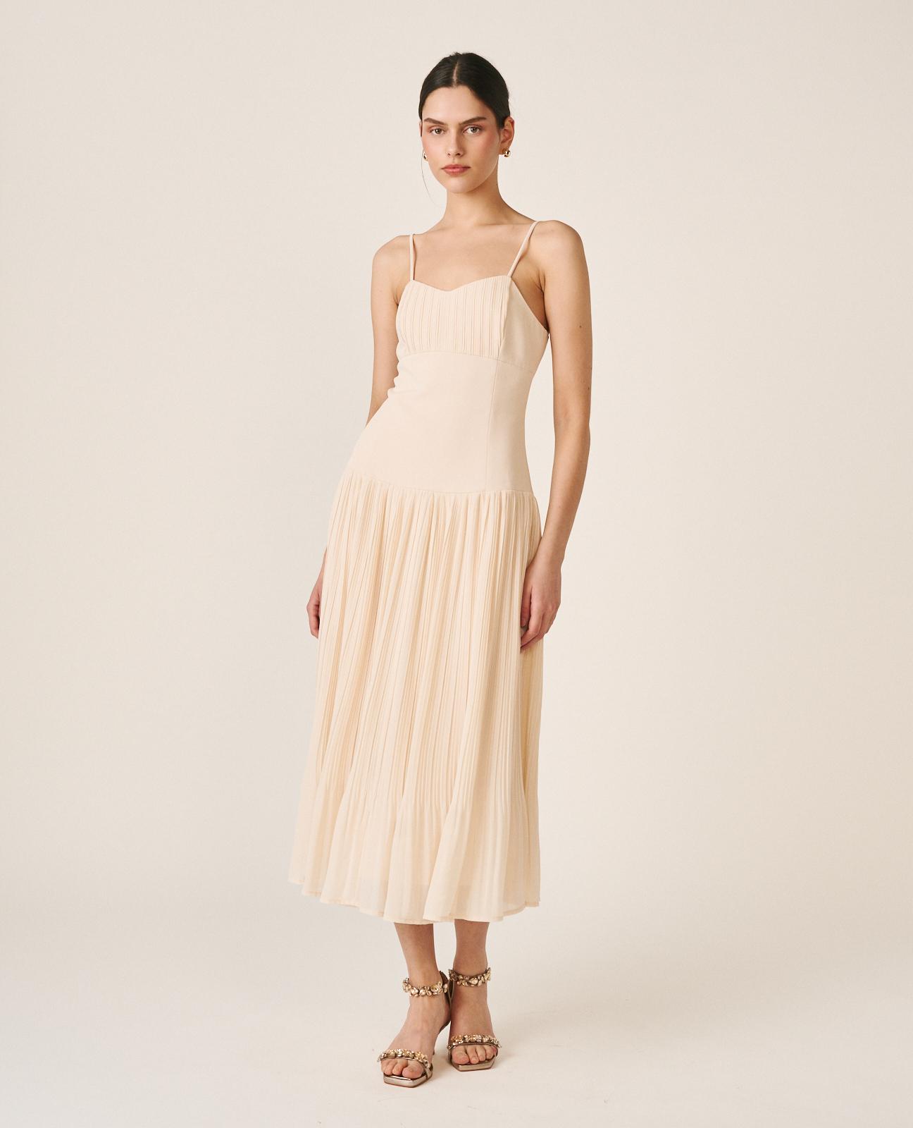 Vestido Midi com Decote em V de Alças e Saia Plissada Branco-3