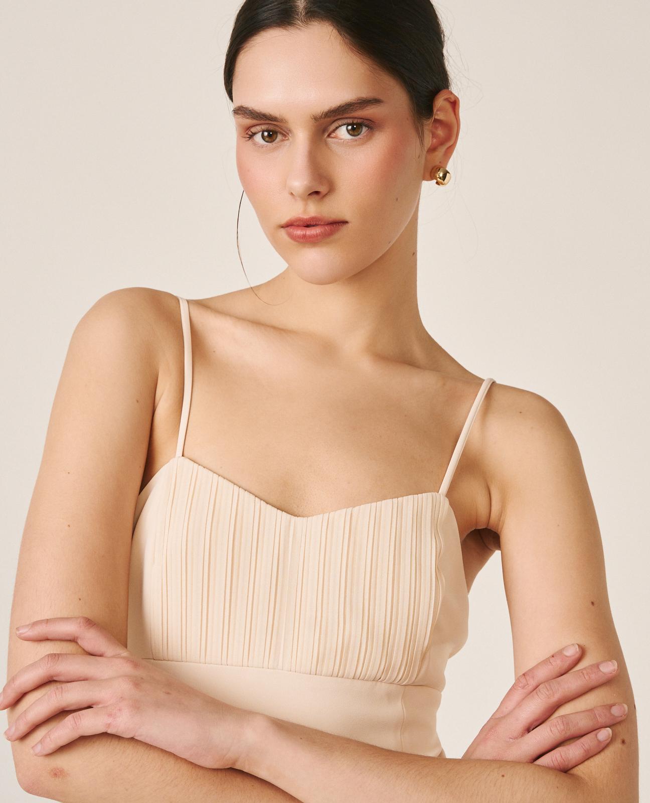 Vestido Midi com Decote em V de Alças e Saia Plissada Branco-4