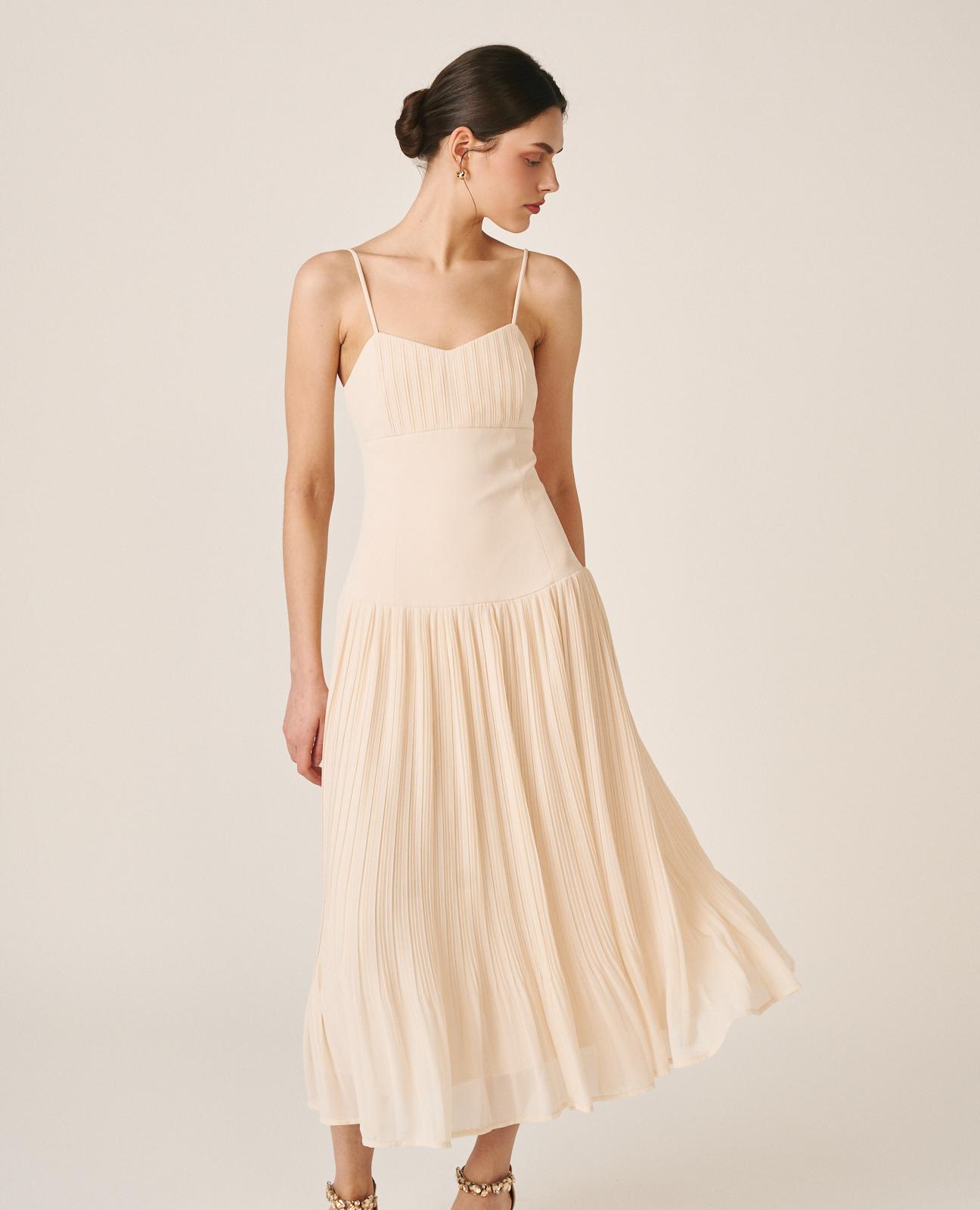 Vestido Midi com Decote em V de Alças e Saia Plissada Branco-5