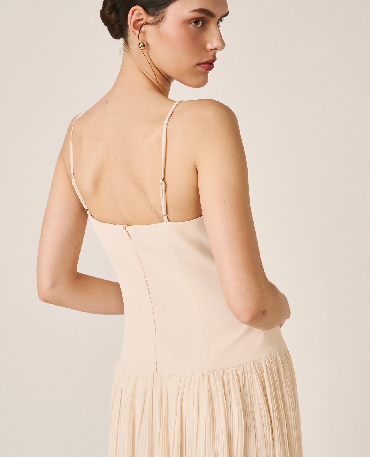 Vestido Midi com Decote em V de Alças e Saia Plissada Branco-7