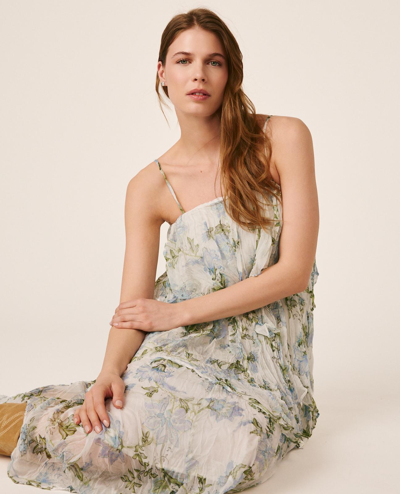 Vestido Midi Fluido de Decote a Direito e Alças com Fecho Zip Invisível na Lateral Azul-3
