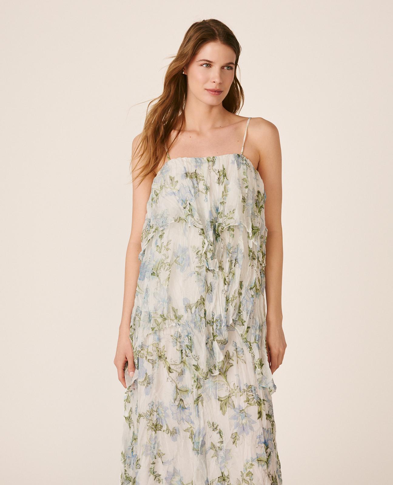 Vestido Midi Fluido de Decote a Direito e Alças com Fecho Zip Invisível na Lateral Azul-5