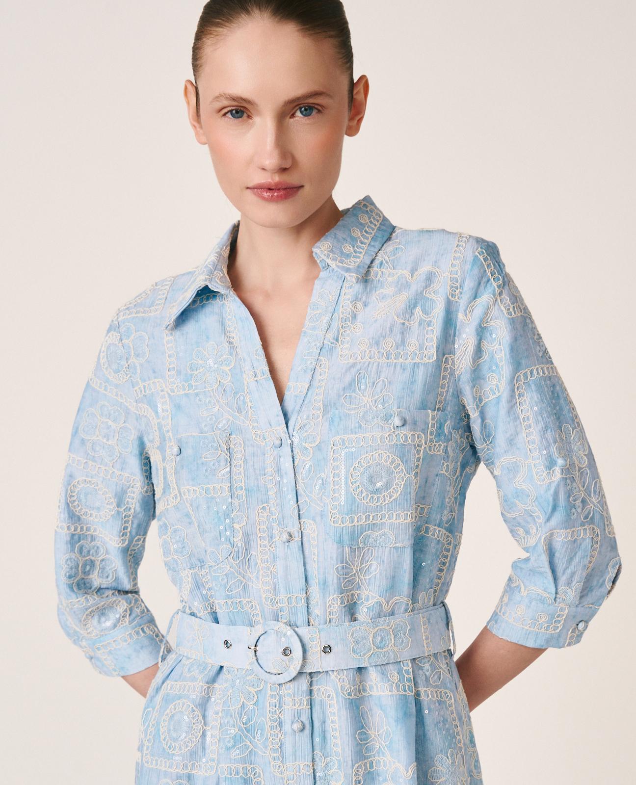 Vestido Midi com Motivo Geométrico Bordado e Lantejoulas com Cinto Azul-2