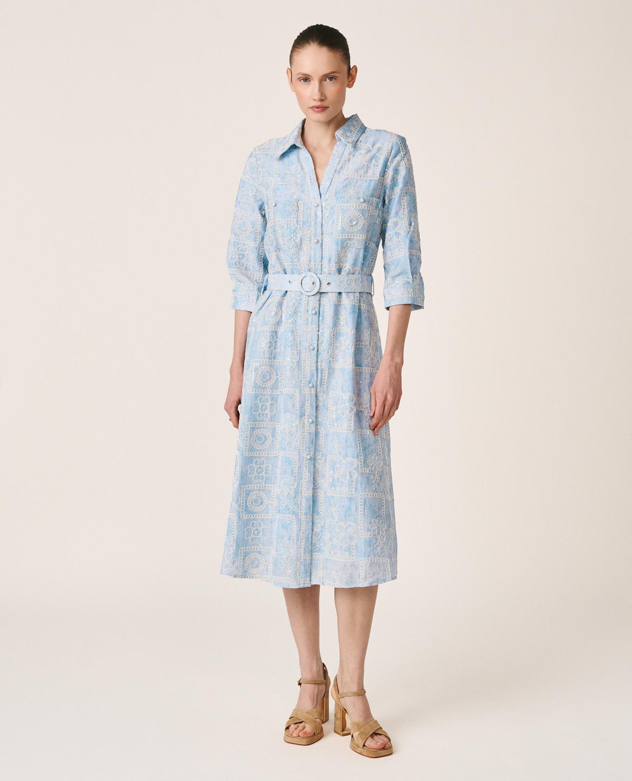 Vestido Midi com Motivo Geométrico Bordado e Lantejoulas com Cinto Azul-3