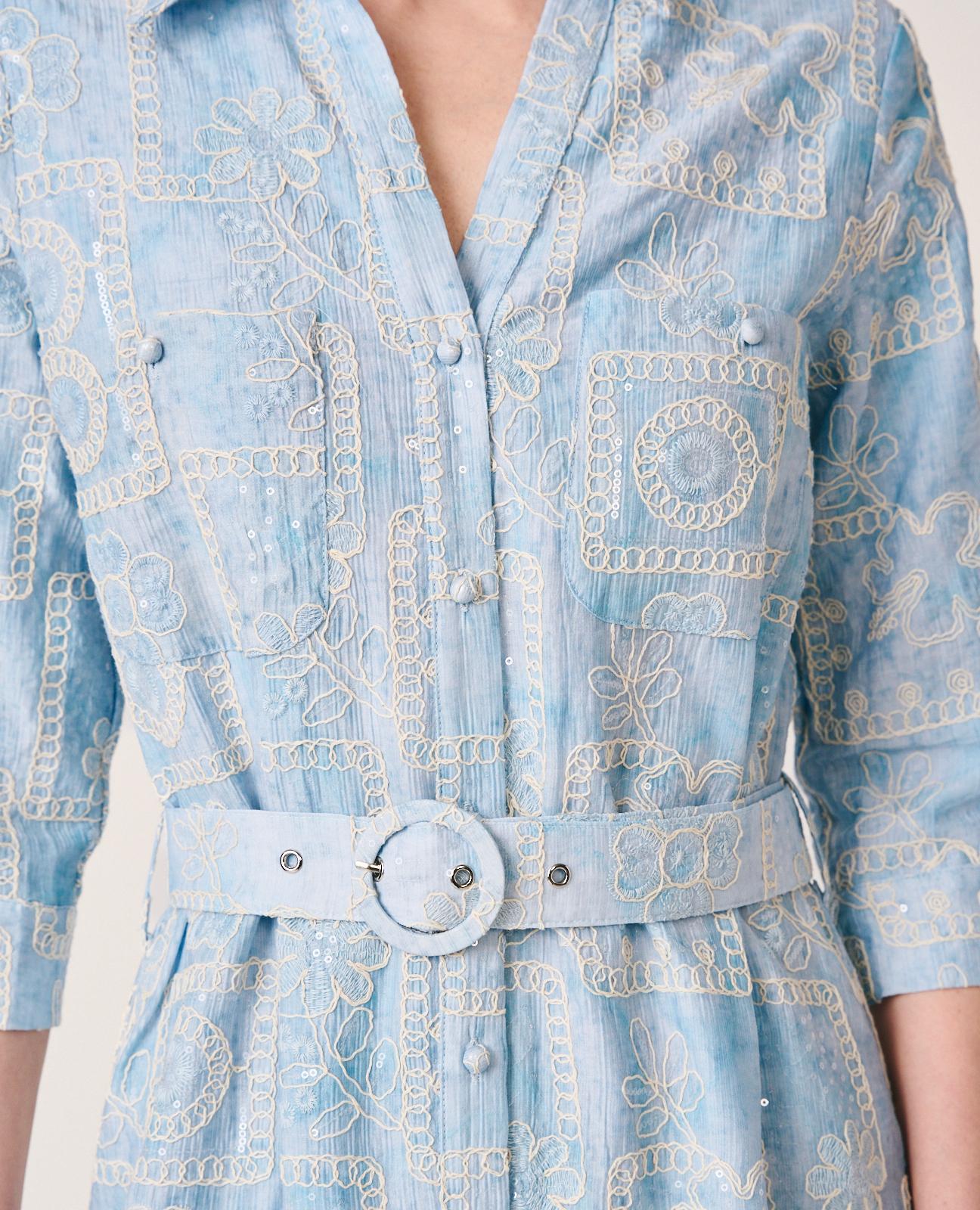 Vestido Midi com Motivo Geométrico Bordado e Lantejoulas com Cinto Azul-5