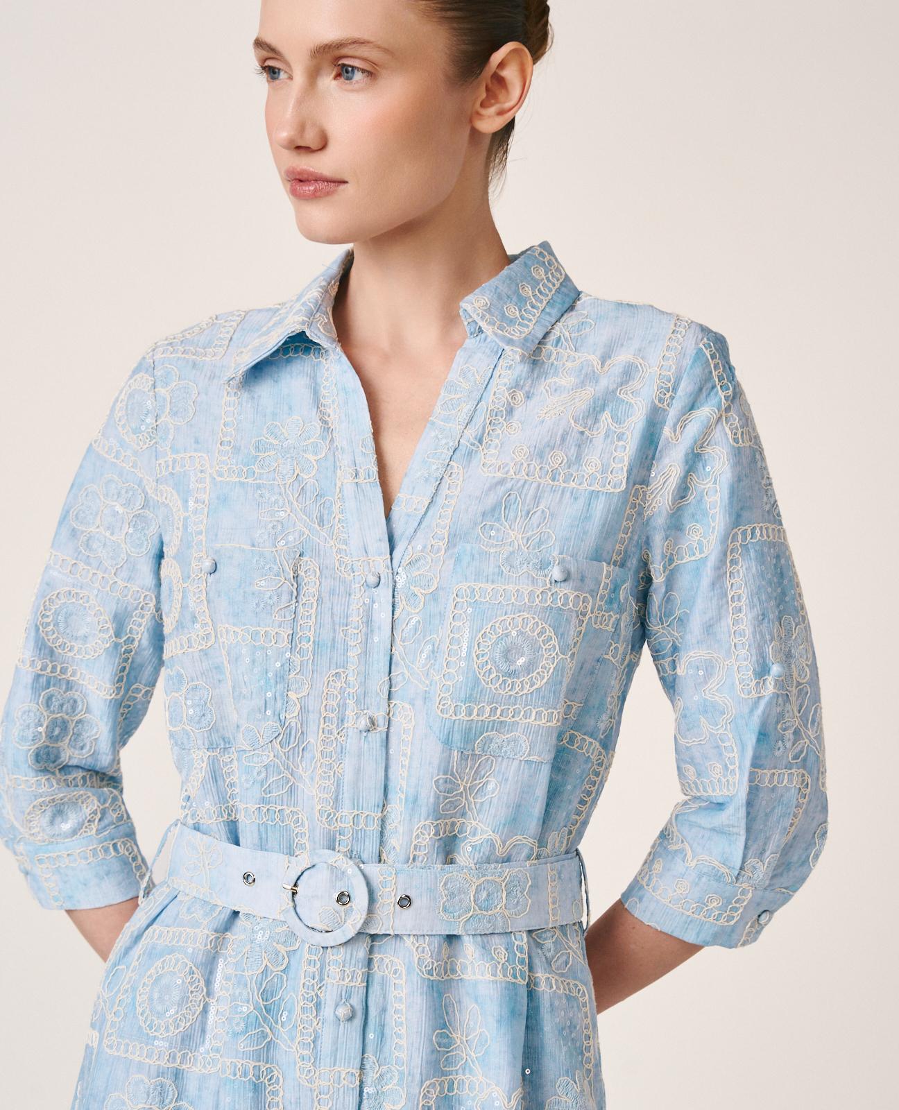 Vestido Midi com Motivo Geométrico Bordado e Lantejoulas com Cinto Azul-6