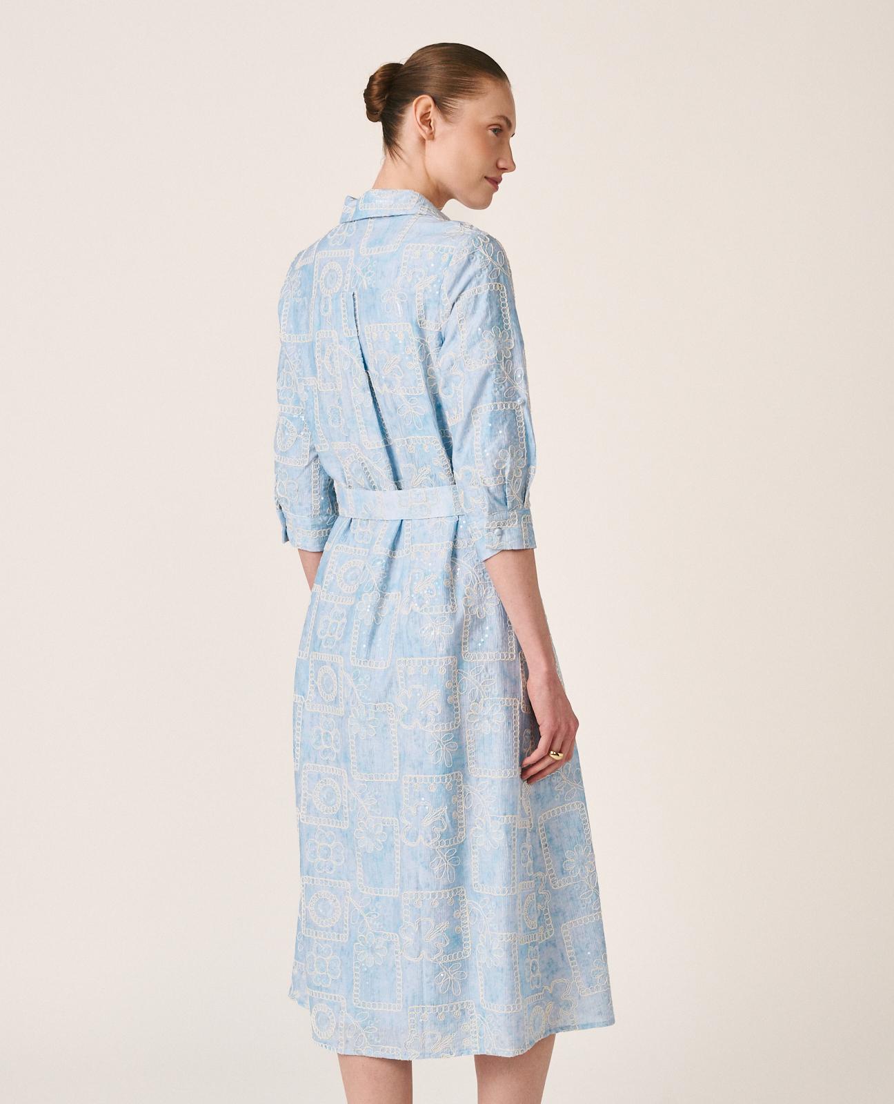 Vestido Midi com Motivo Geométrico Bordado e Lantejoulas com Cinto Azul-8