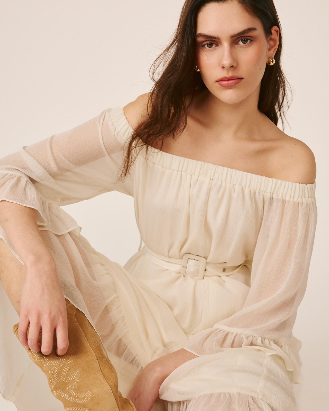 Vestido Midi Fluido com Manga À Boca de Sino e Decote Bardot Branco-2