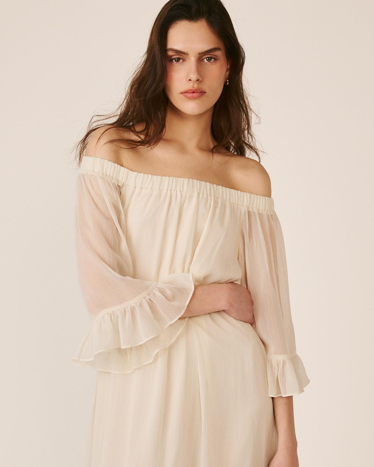 Vestido Midi Fluido com Manga À Boca de Sino e Decote Bardot Branco-3