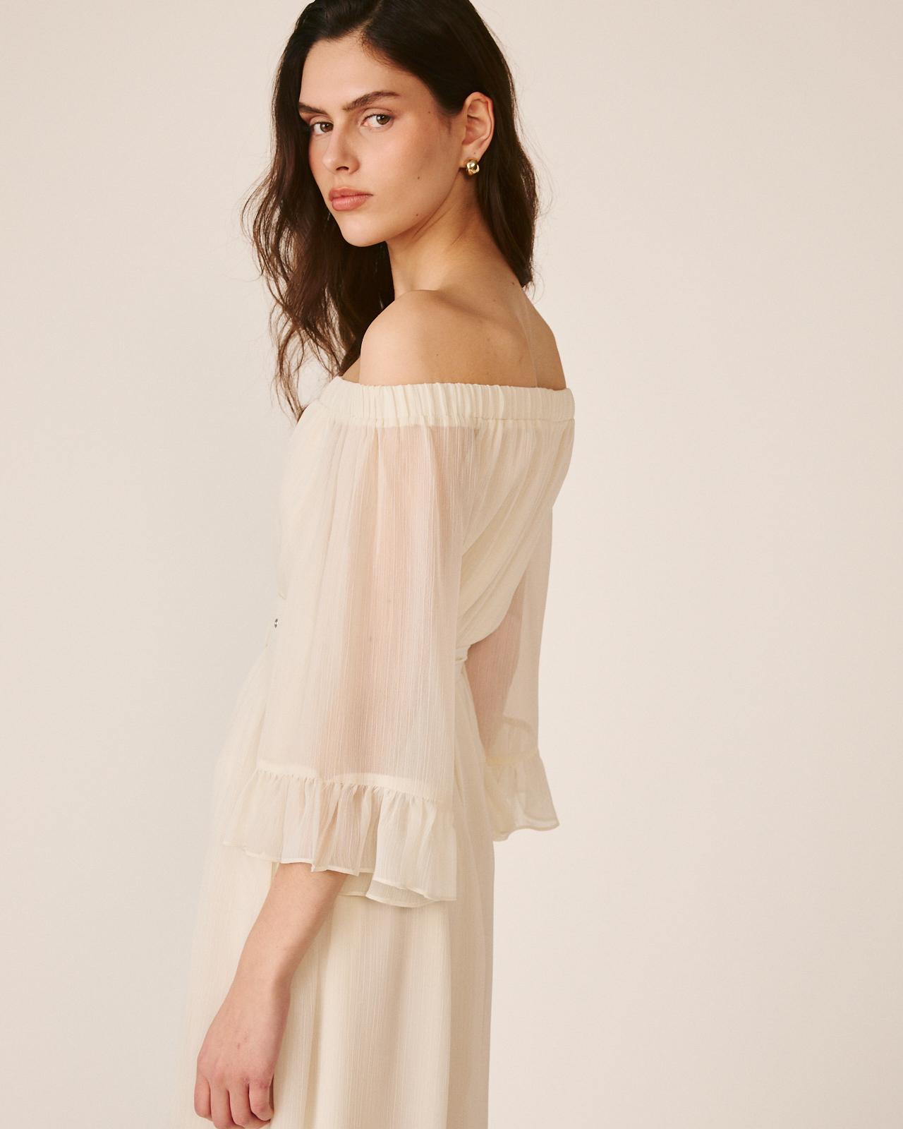 Vestido Midi Fluido com Manga À Boca de Sino e Decote Bardot Branco-4