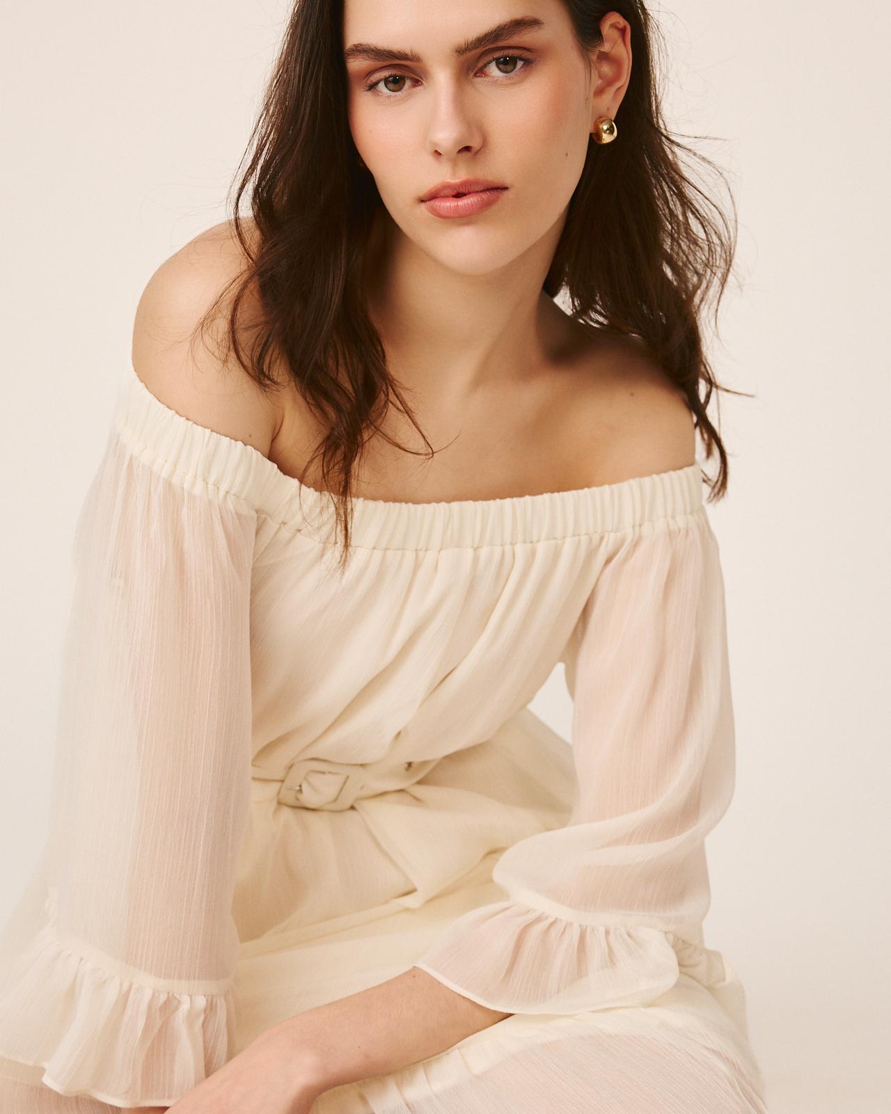 Vestido Midi Fluido com Manga À Boca de Sino e Decote Bardot Branco-5