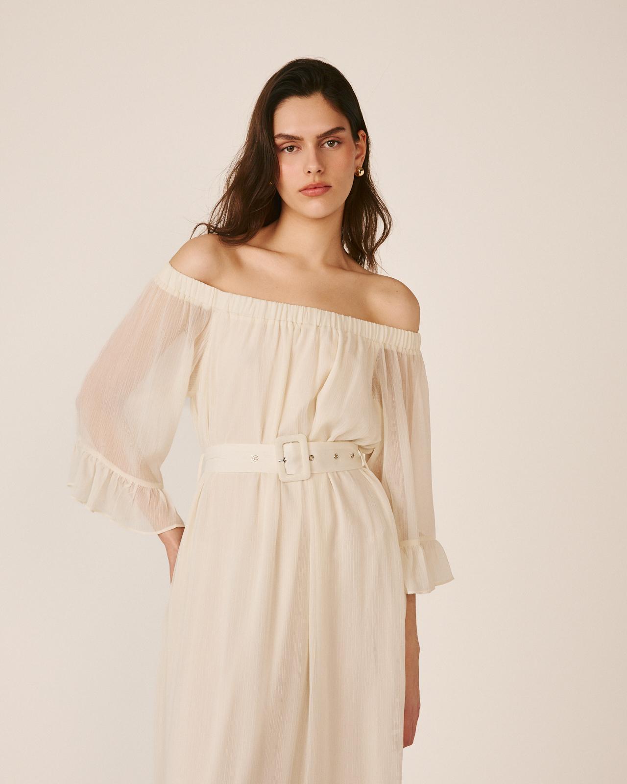 Vestido Midi Fluido com Manga À Boca de Sino e Decote Bardot Branco-6