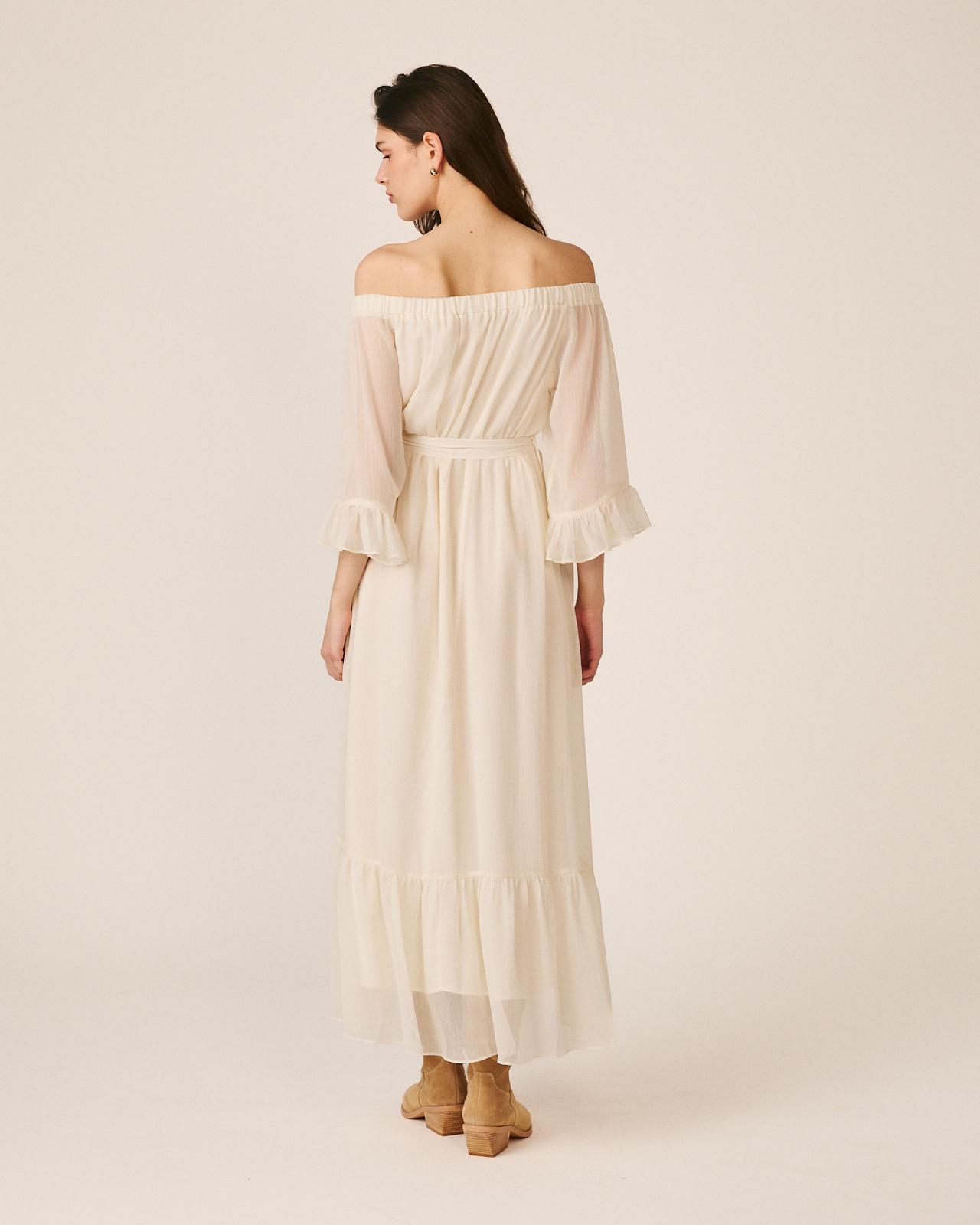 Vestido Midi Fluido com Manga À Boca de Sino e Decote Bardot Branco-7
