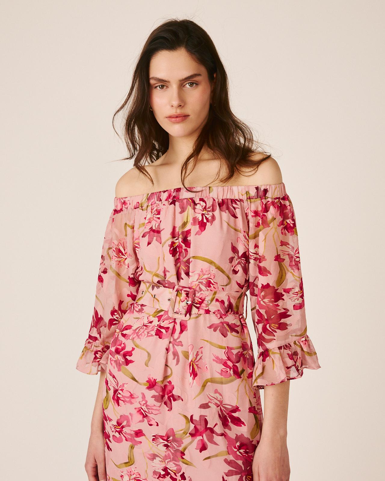 Vestido Midi Fluido com Manga À Boca de Sino e Decote Bardot Fúcsia-2