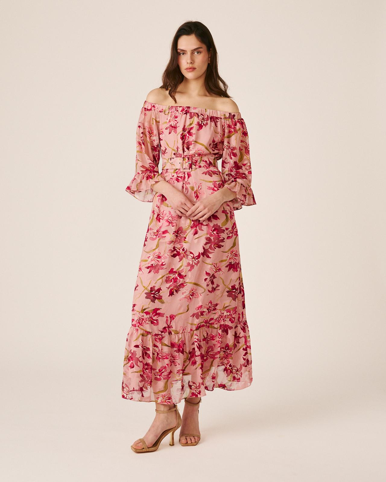Vestido Midi Fluido com Manga À Boca de Sino e Decote Bardot Fúcsia-3