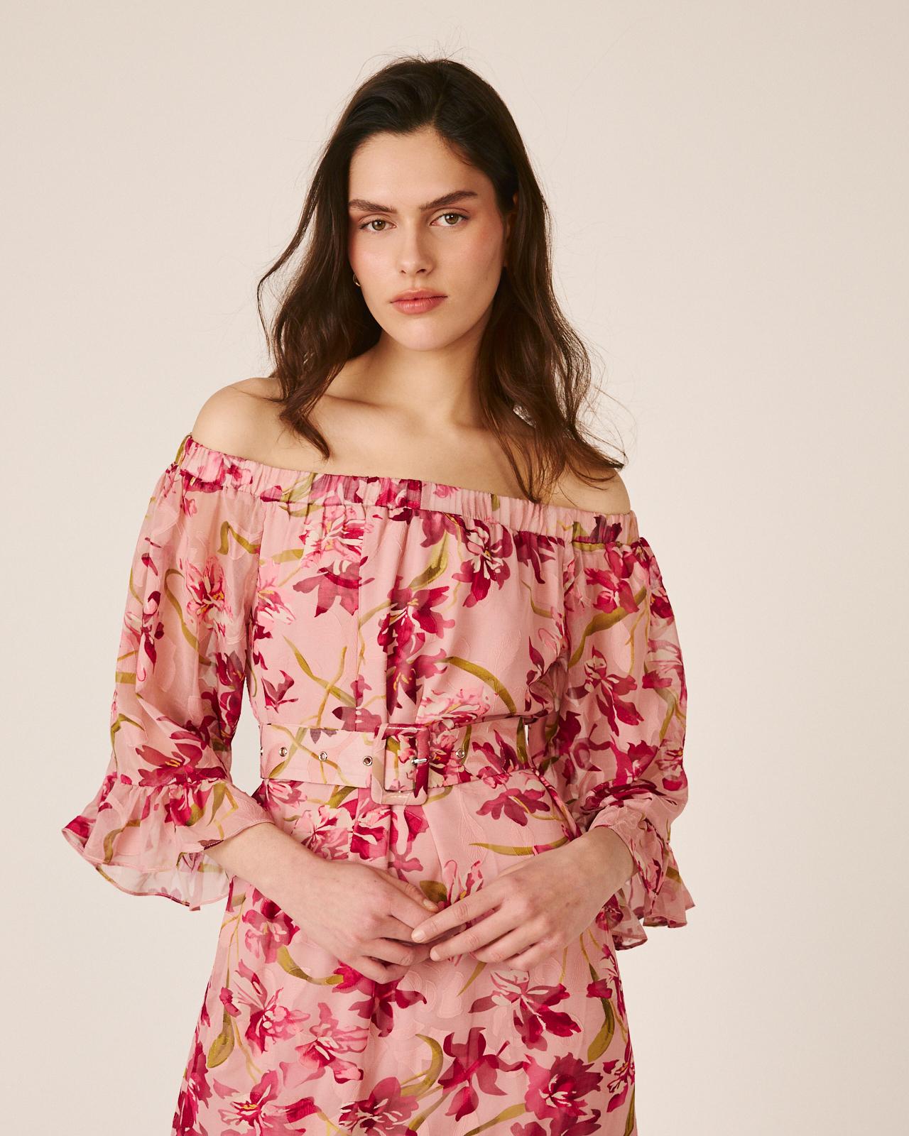 Vestido Midi Fluido com Manga À Boca de Sino e Decote Bardot Fúcsia-4