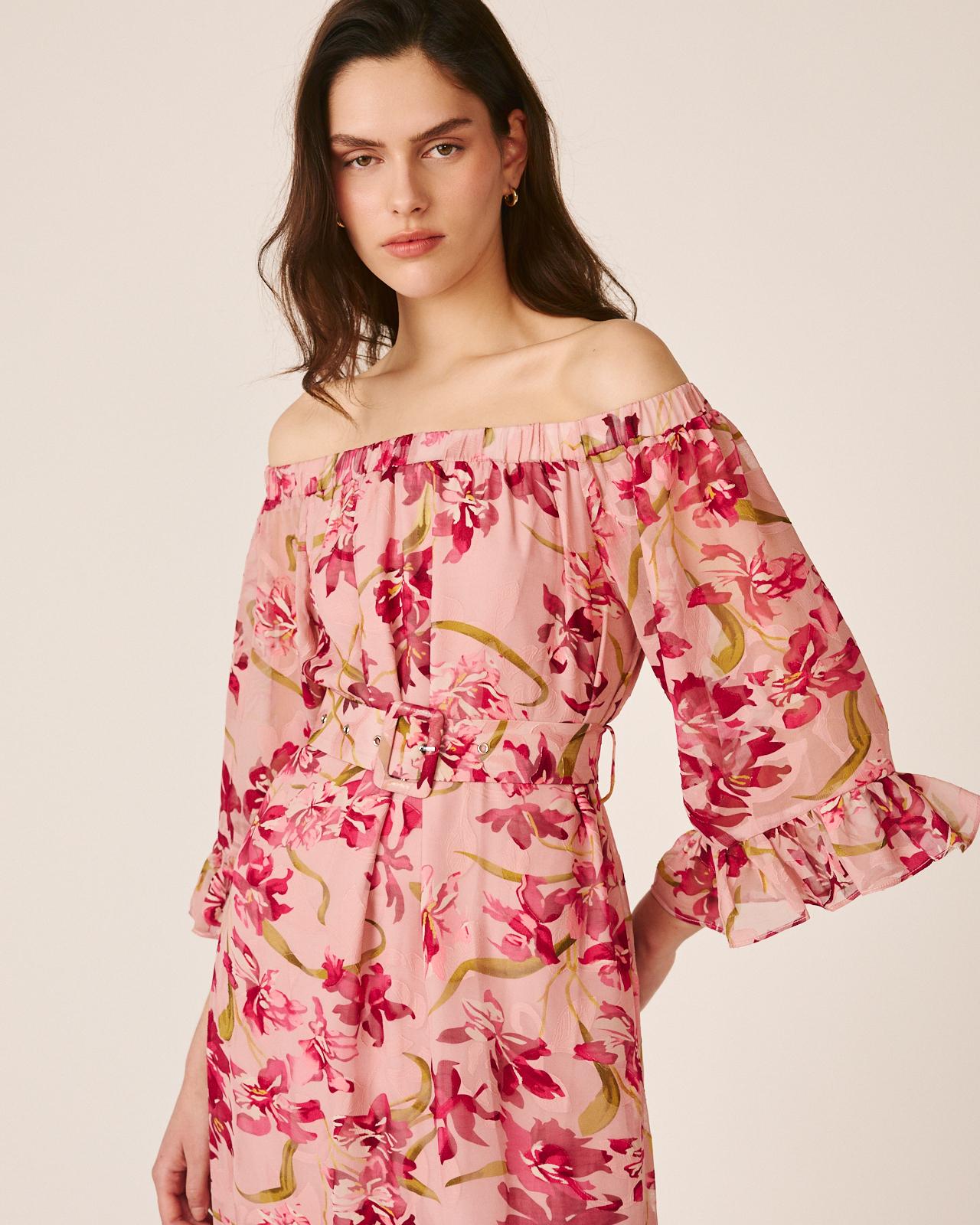 Vestido Midi Fluido com Manga À Boca de Sino e Decote Bardot Fúcsia-5